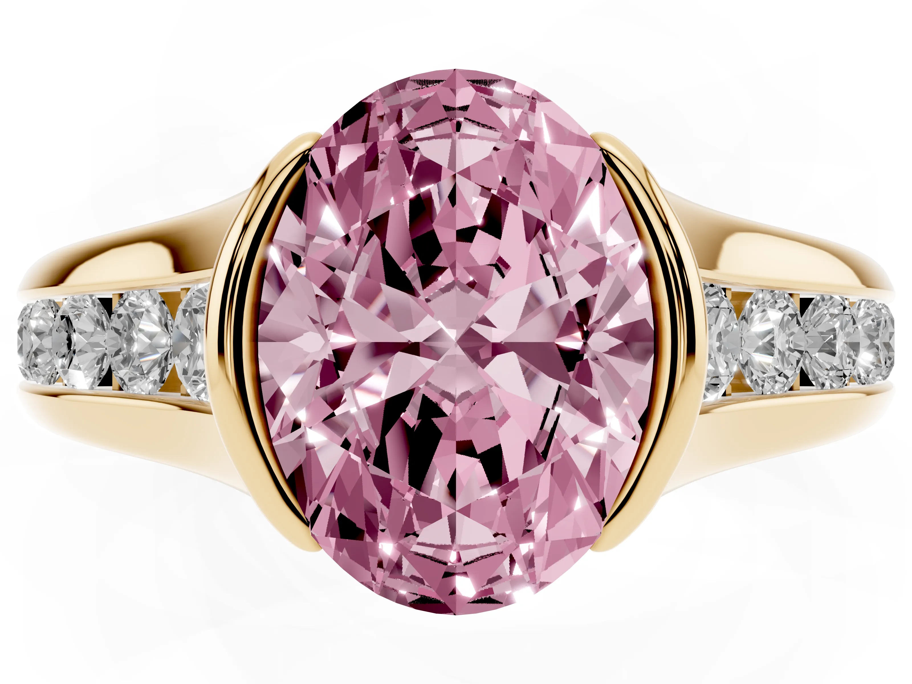 Fancy Pink Oval Cut Diamond Bezel-Set Solitaire Ring Set in Yellow gold with Channel-Set Band