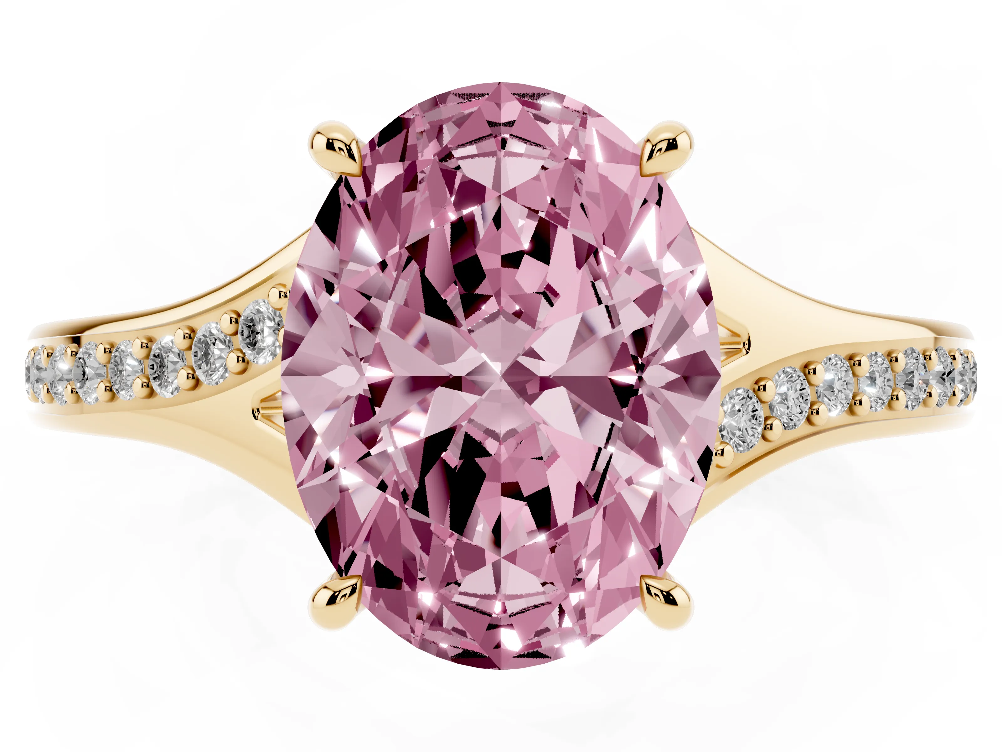 Fancy Pink Oval Cut Diamond Solitaire Ring Set in Yellow gold with Pavé Accent Band and Classic Prong Setting