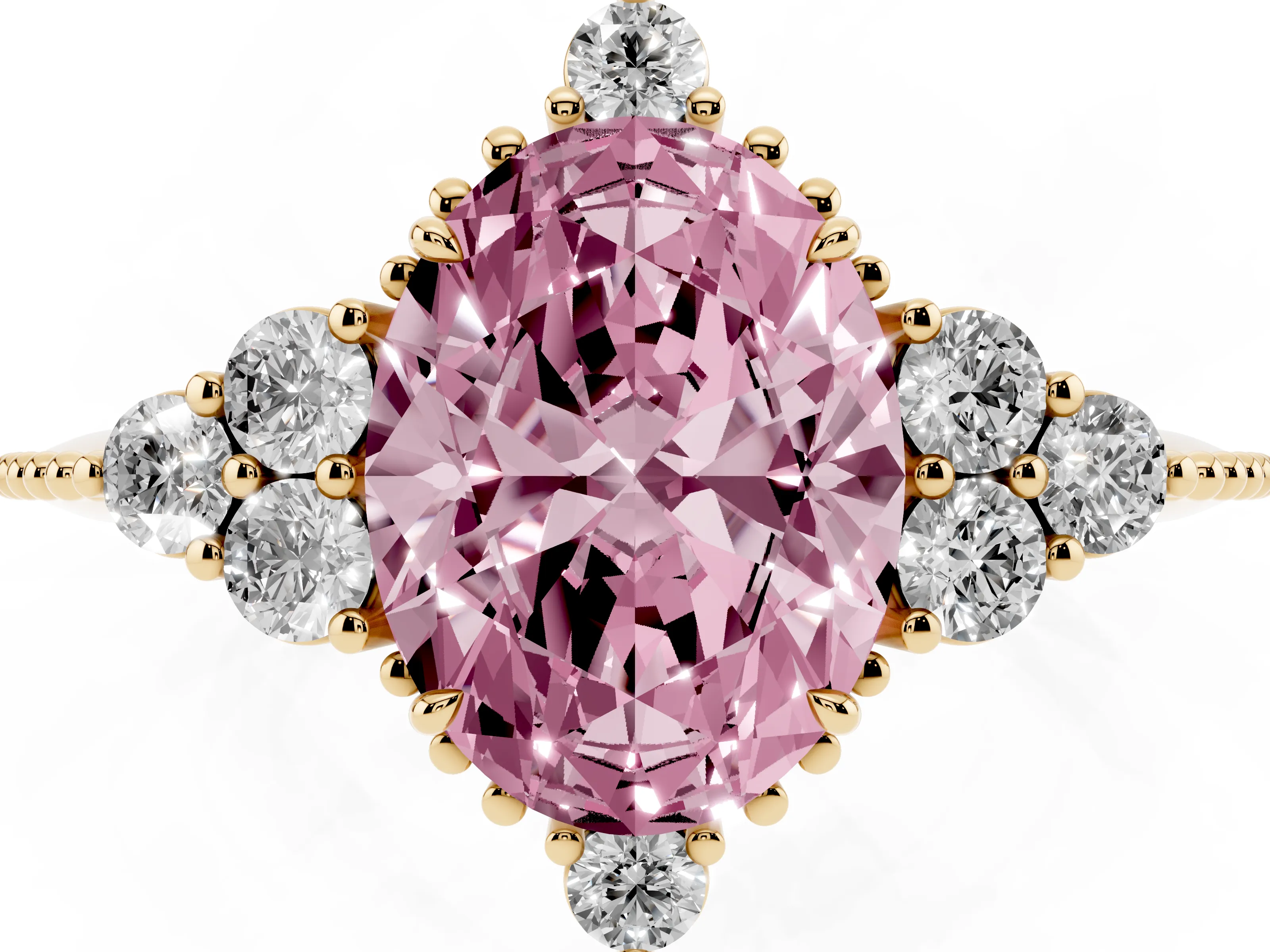 Fancy Pink Oval Cut Diamond Cluster Ring Set in Yellow gold with Beaded Band