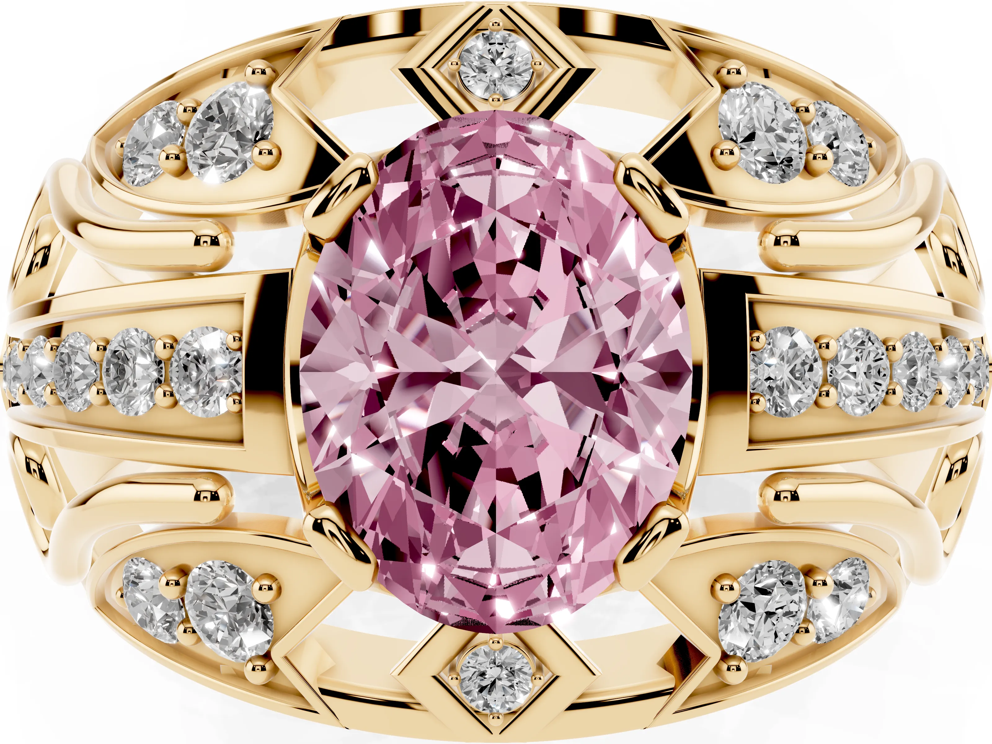 Fancy Pink Oval Cut Diamond Art Deco Ring Set in Yellow gold with Pavé Split Shank