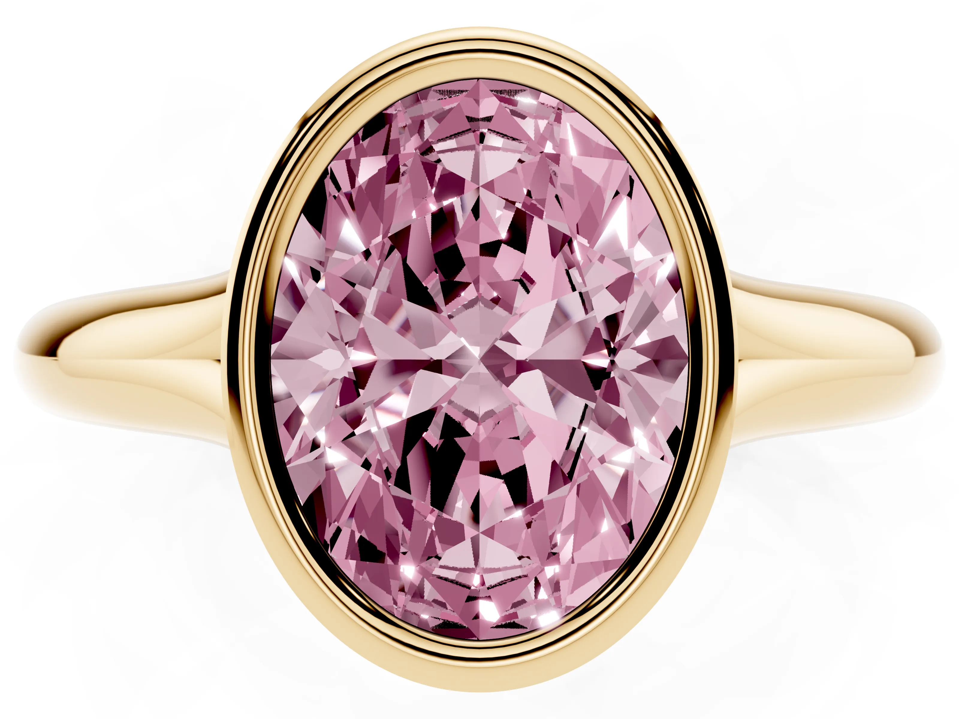 Fancy Pink Bezel Set Oval Cut Diamond Solitaire Ring Set in Yellow gold with Smooth Band