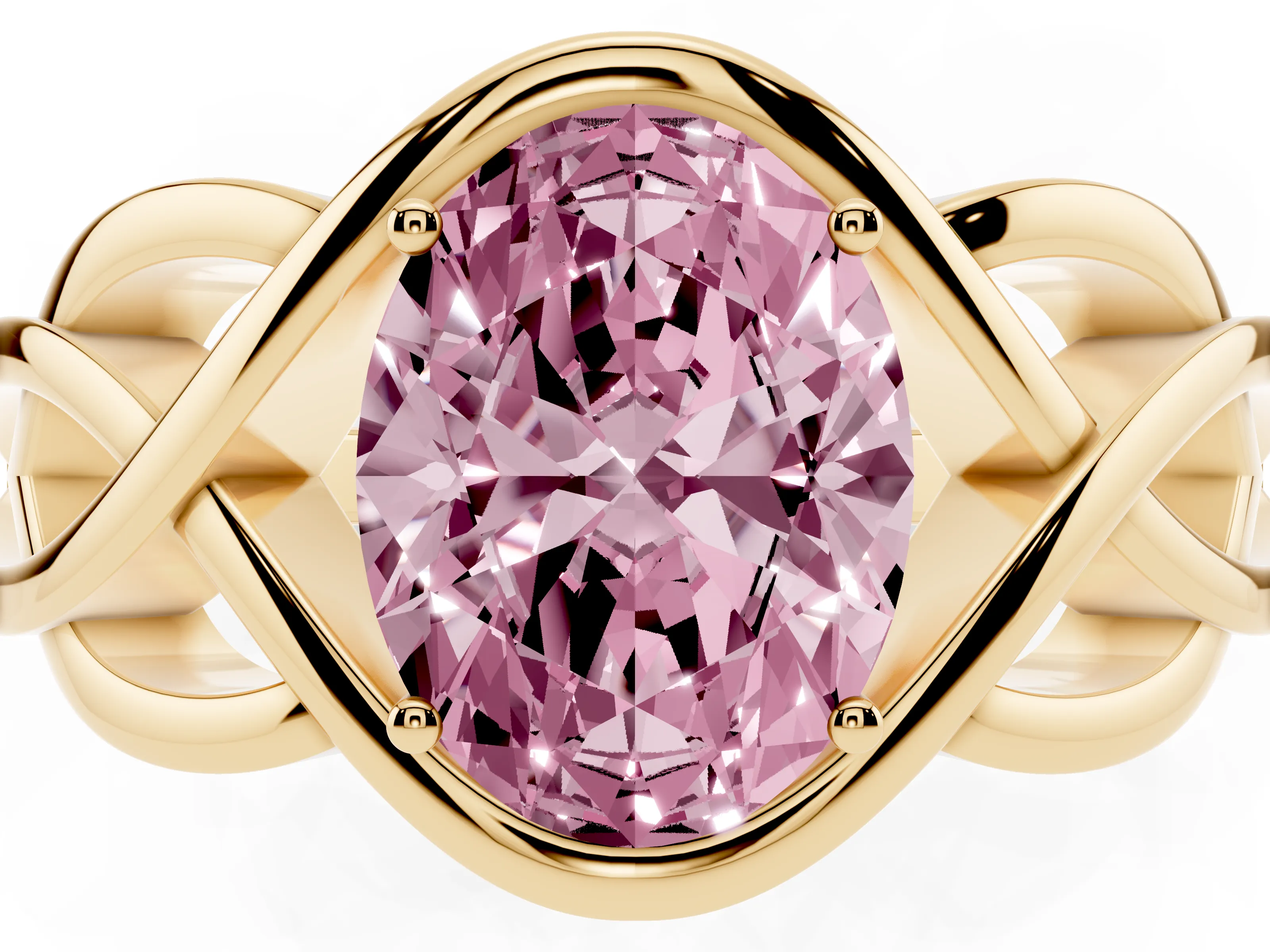Fancy Pink Oval Cut Diamond Solitaire Ring Set in Yellow gold with Intertwined Band