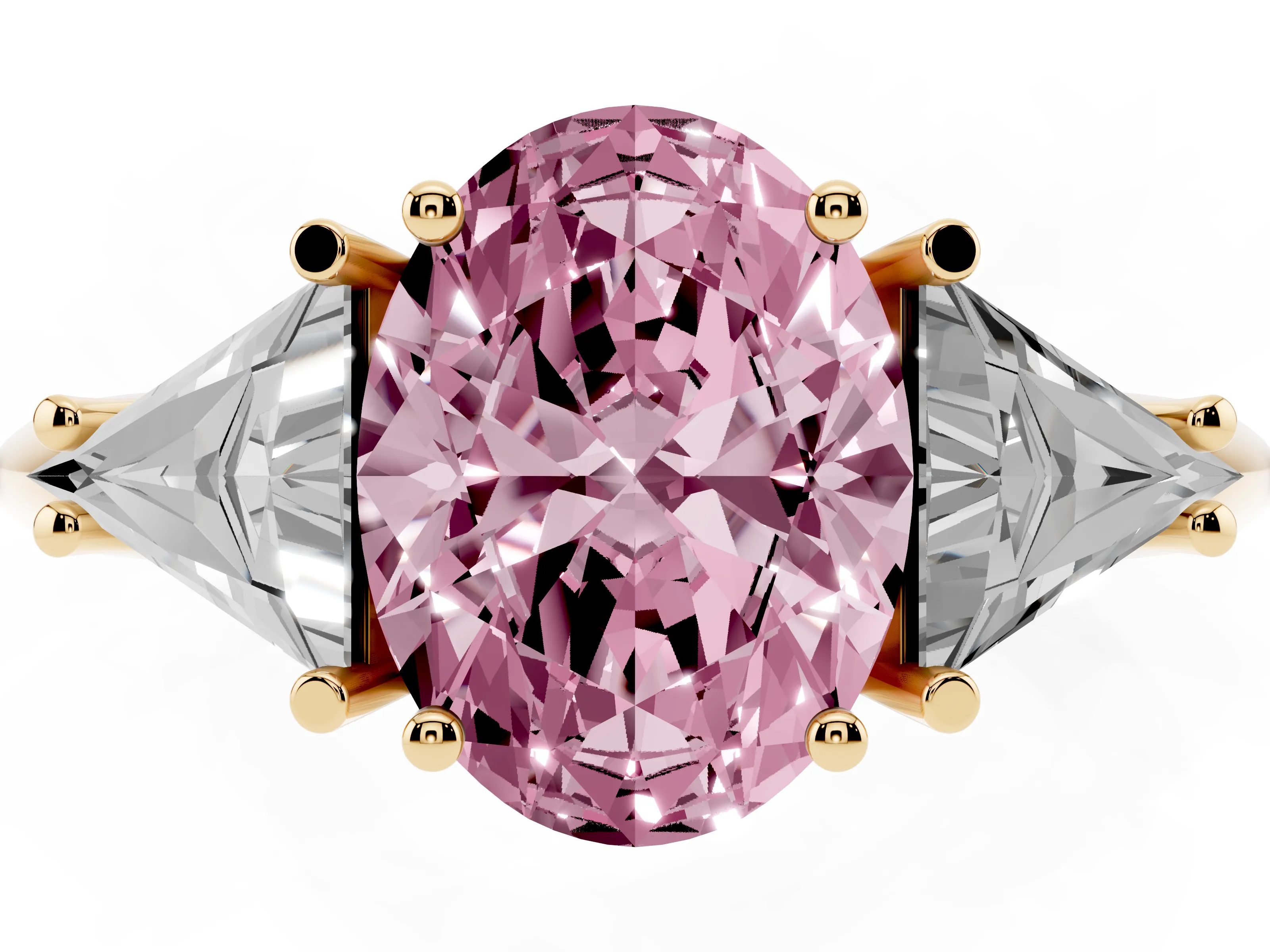 Fancy Pink Oval Cut Diamond Three-Stone Engagement Ring Set in Yellow gold with Trillion Side Stones