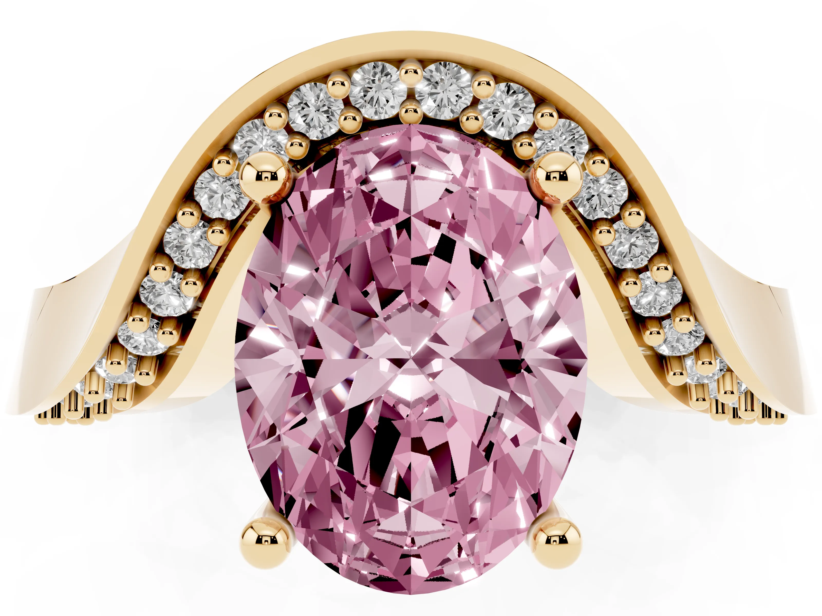 Fancy Pink Oval Cut Diamond Solitaire Engagement Ring Set in Yellow gold with Pavé Shoulders