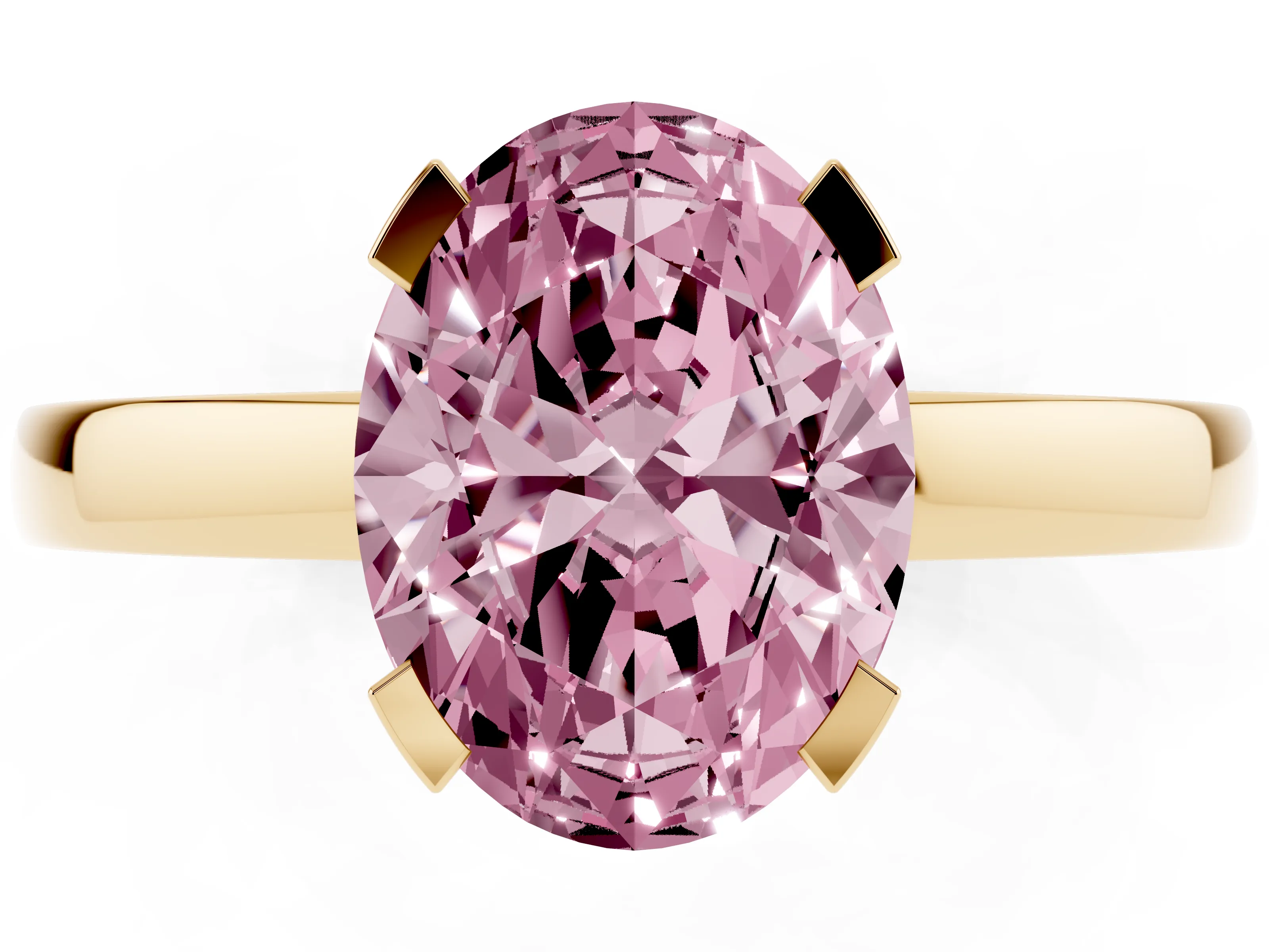Fancy Pink Oval Cut Diamond Solitaire Ring Set in Yellow gold with Prong Head and Smooth Polished Band