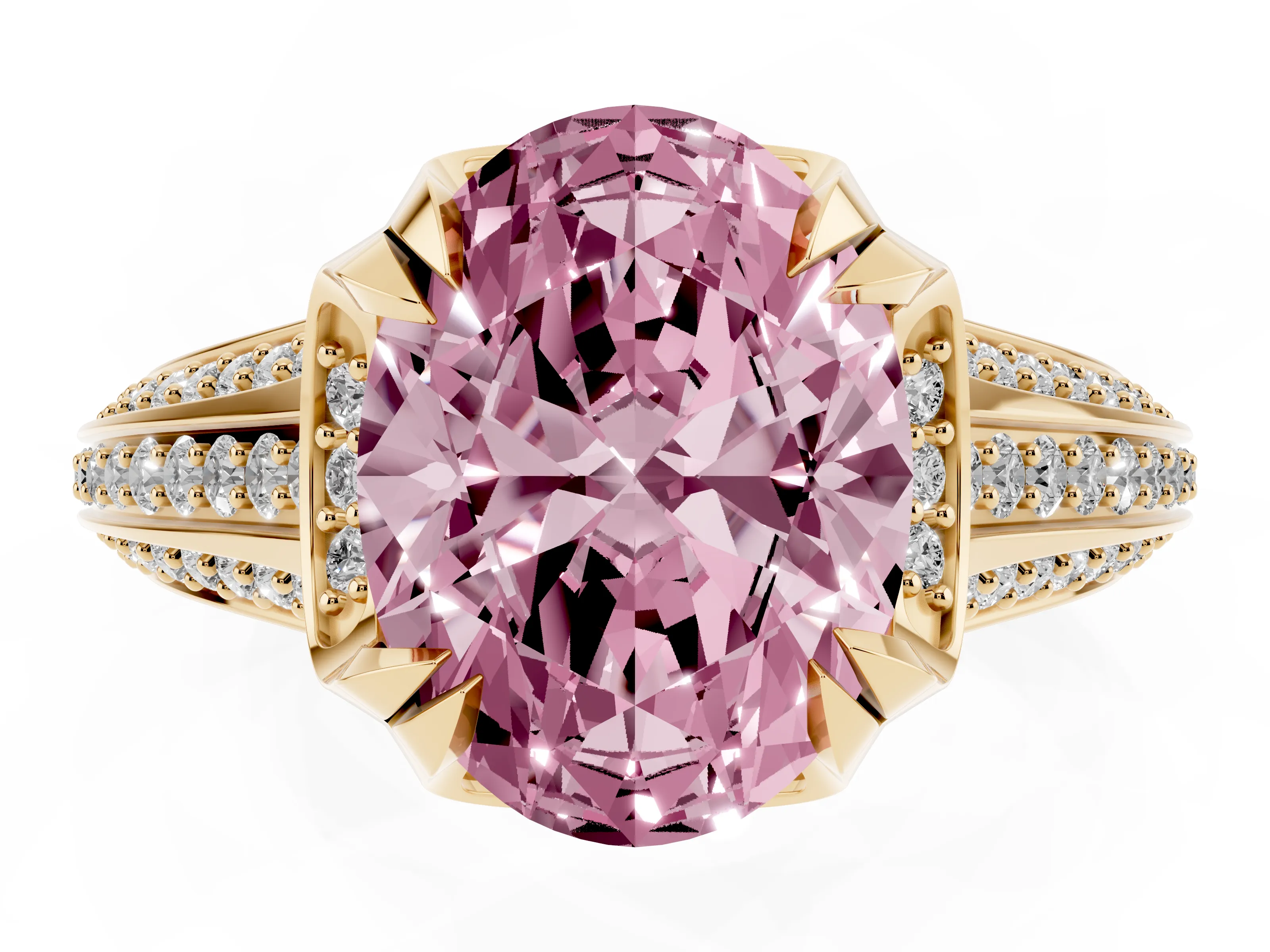 Fancy Pink Oval Cut Diamond Pavé Split Shank Solitaire Ring Set in Yellow gold with Prong Setting