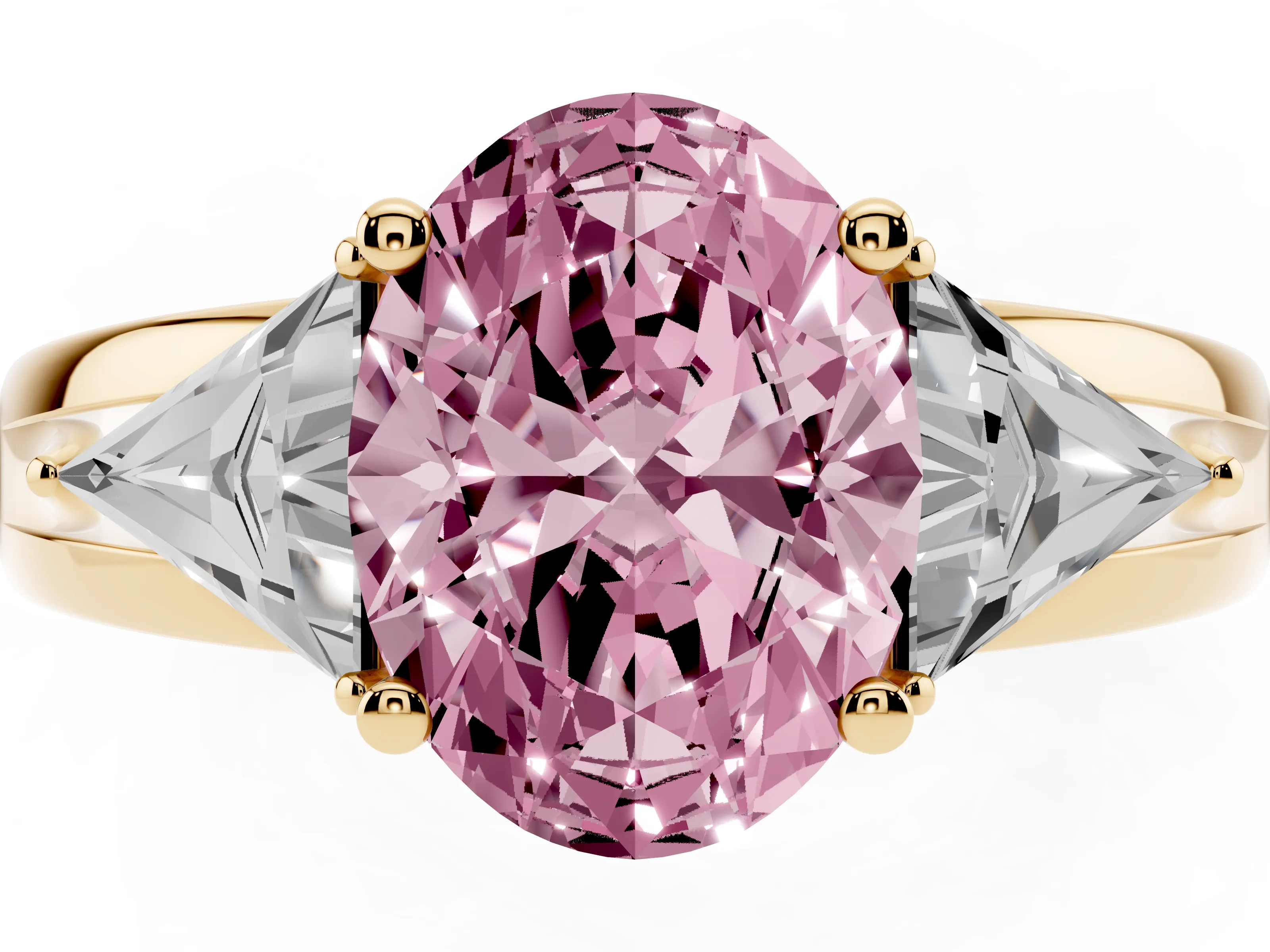 Fancy Pink Oval Cut Diamond Three-Stone Ring Set in Yellow gold with Trillion Side Stones and Split Shank