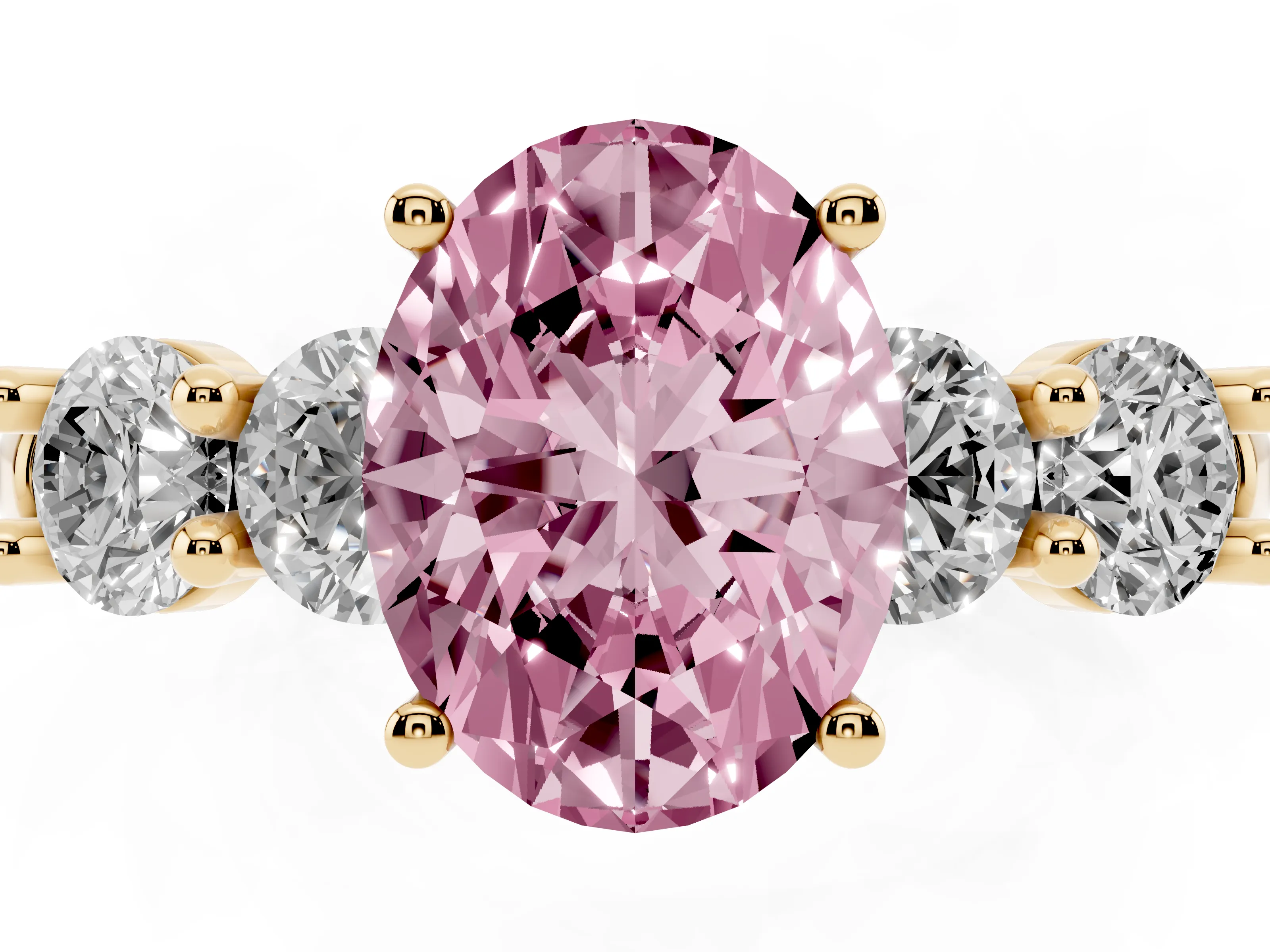 Fancy Pink Oval Cut Diamond Five-Stone Prong Set Ring Set in Yellow gold with Classic Band