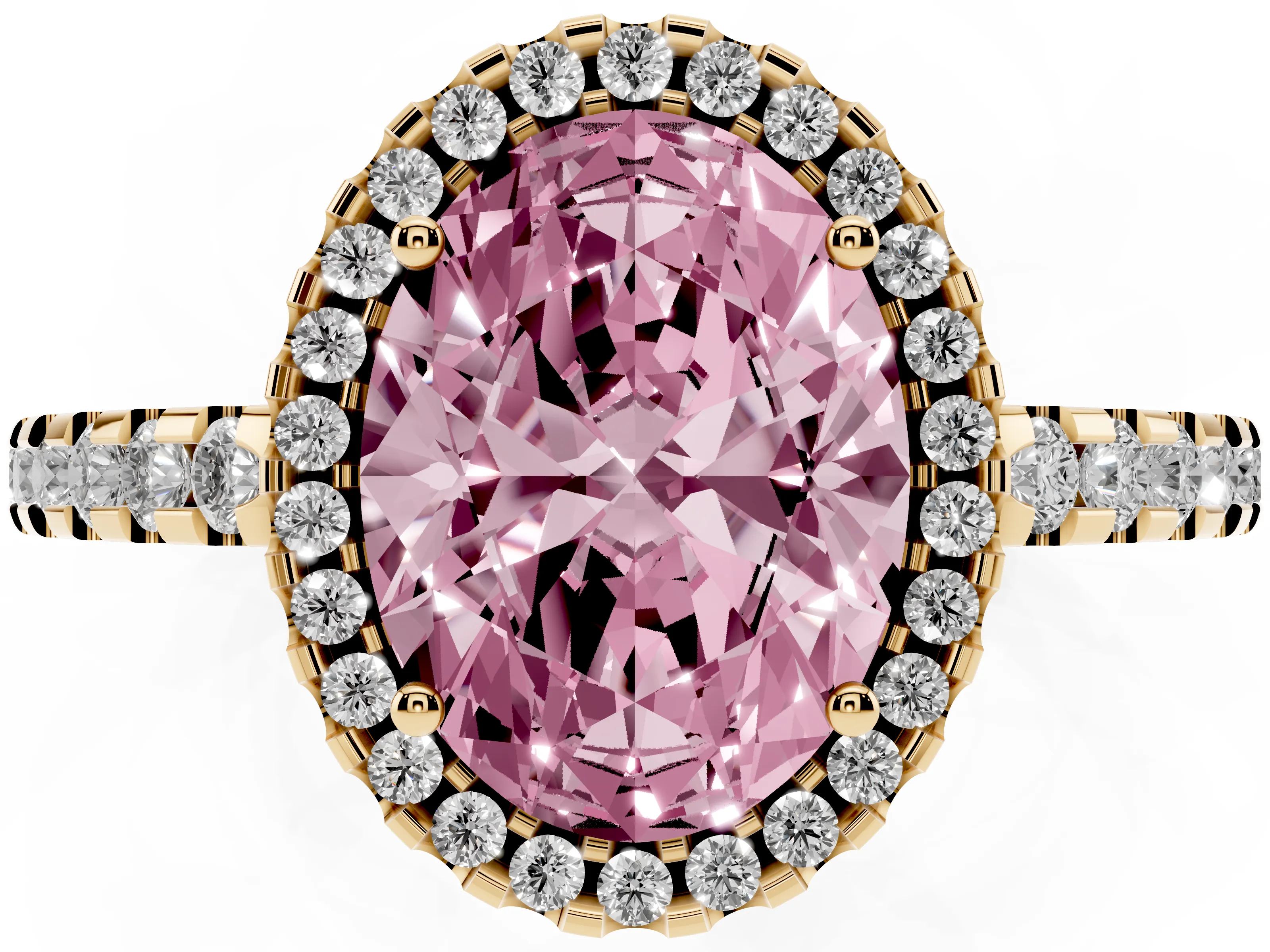 Fancy Pink Oval Cut Diamond Halo Ring Set in Yellow gold with Pavé Shoulders and Halo-Framed Center