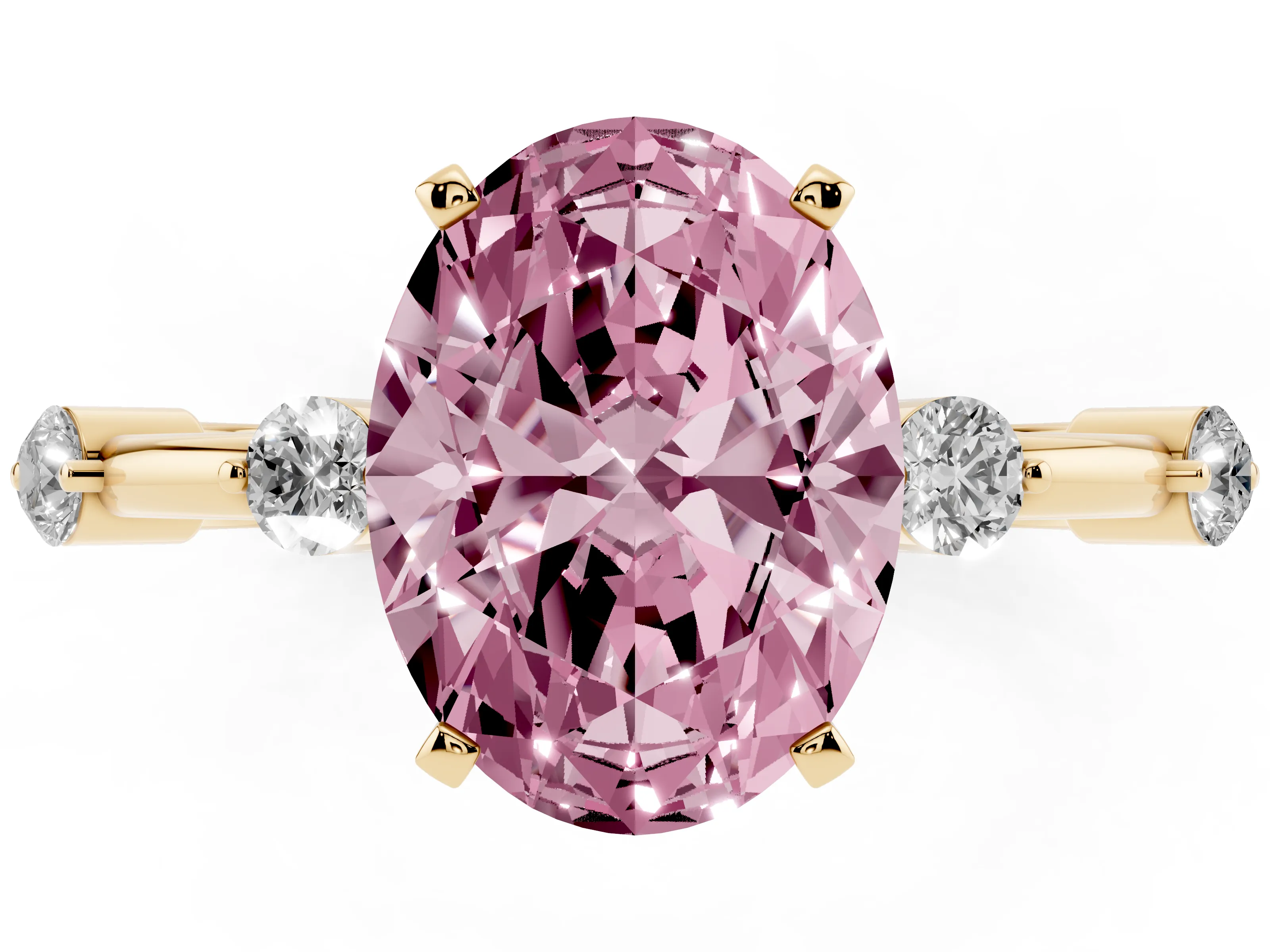 Fancy Pink Oval Cut Diamond Solitaire Ring Set in Yellow gold with Bezel Set Side Stones and Prong Setting