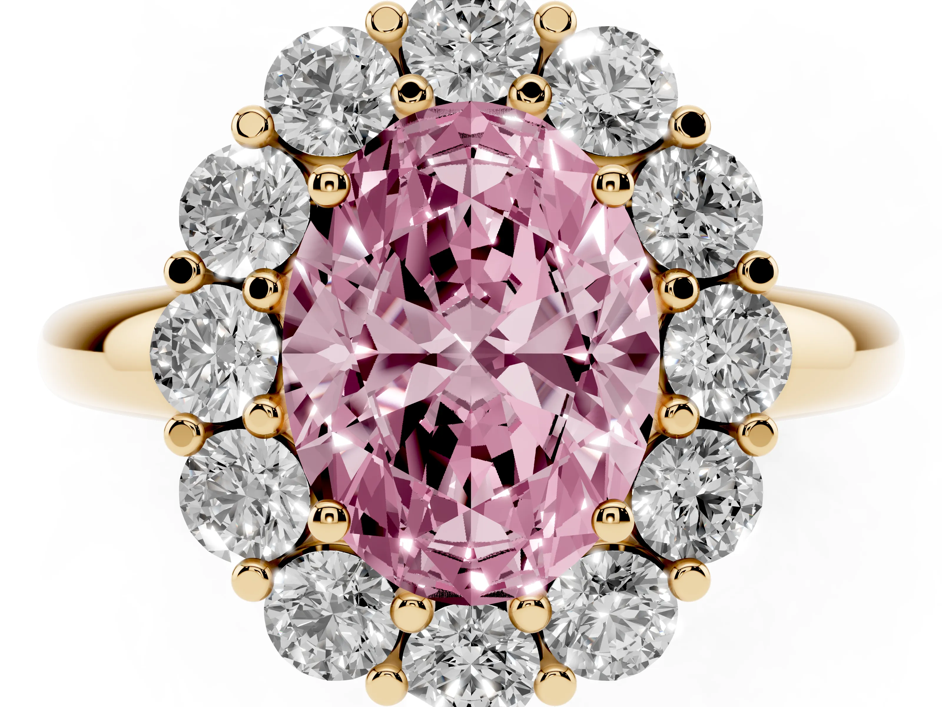 Fancy Pink Oval Cut Diamond Halo Cluster Engagement Ring Set in Yellow gold with Polished Band and Prong Setting