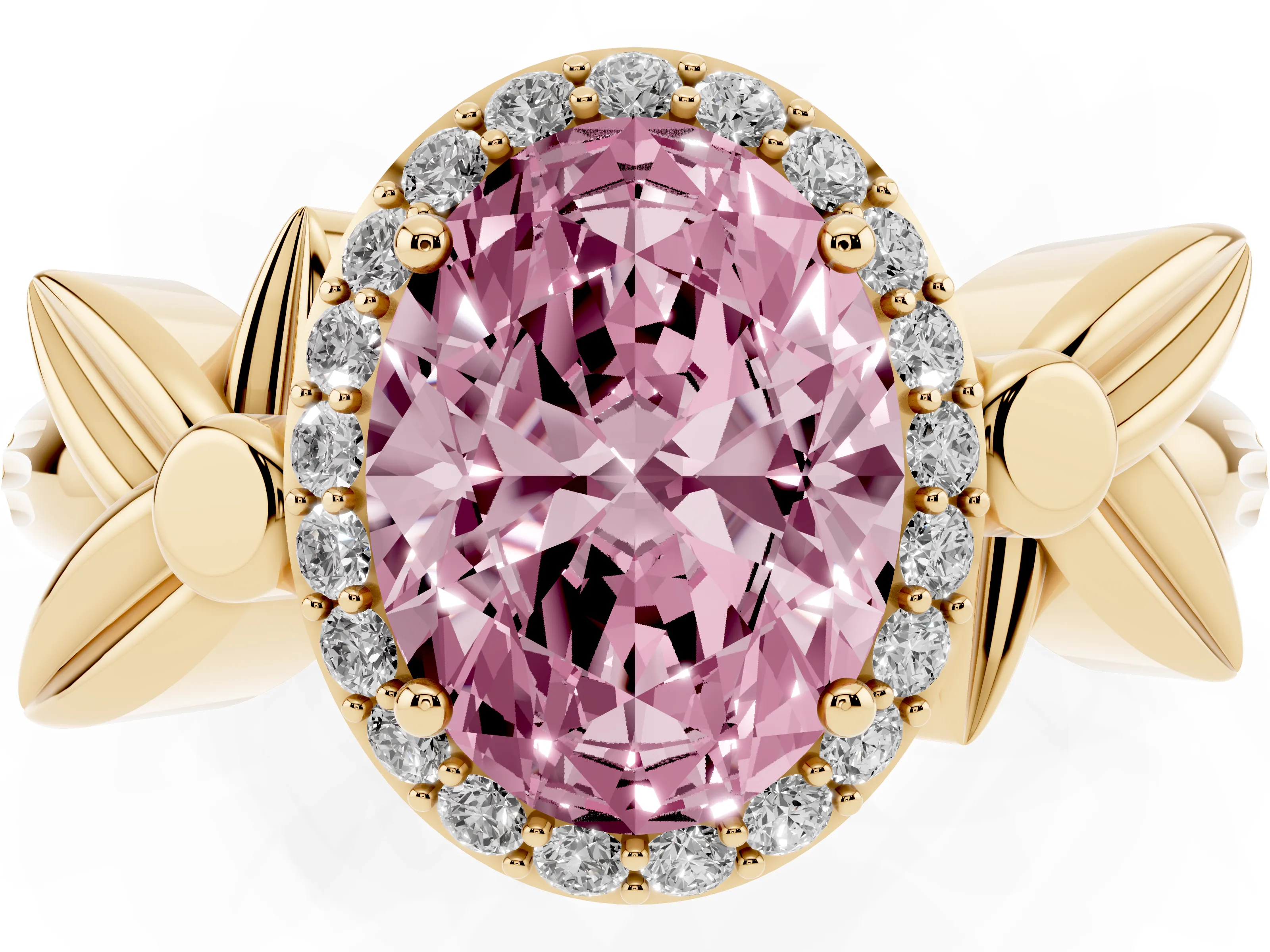 Fancy Pink Oval Cut Diamond Halo Floral Band Ring Set in Yellow gold with Prong Setting