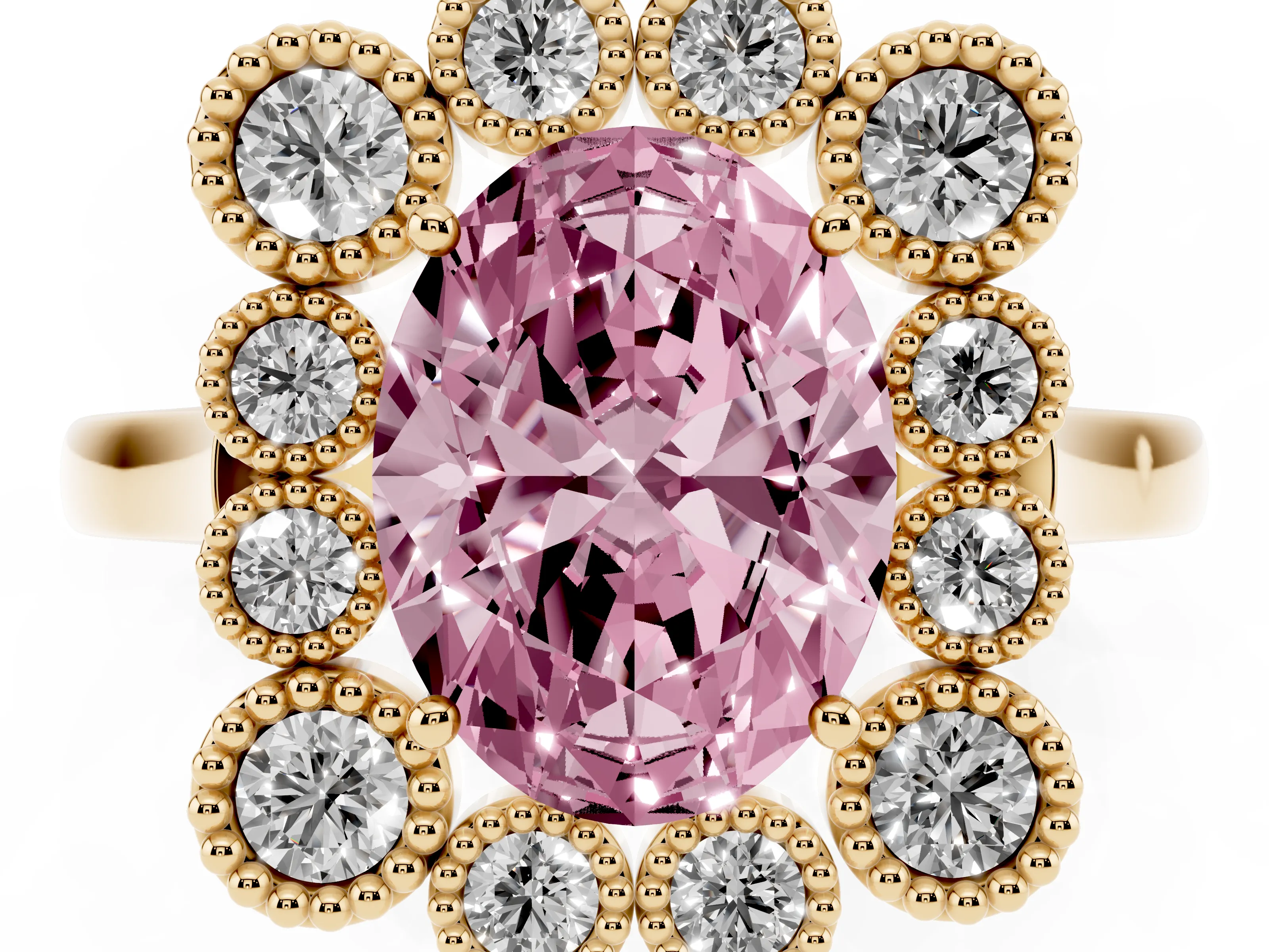 Fancy Pink Oval Cut Diamond Cluster Halo Ring Set in Yellow gold with Milgrain Bezel Accents and Plain Band