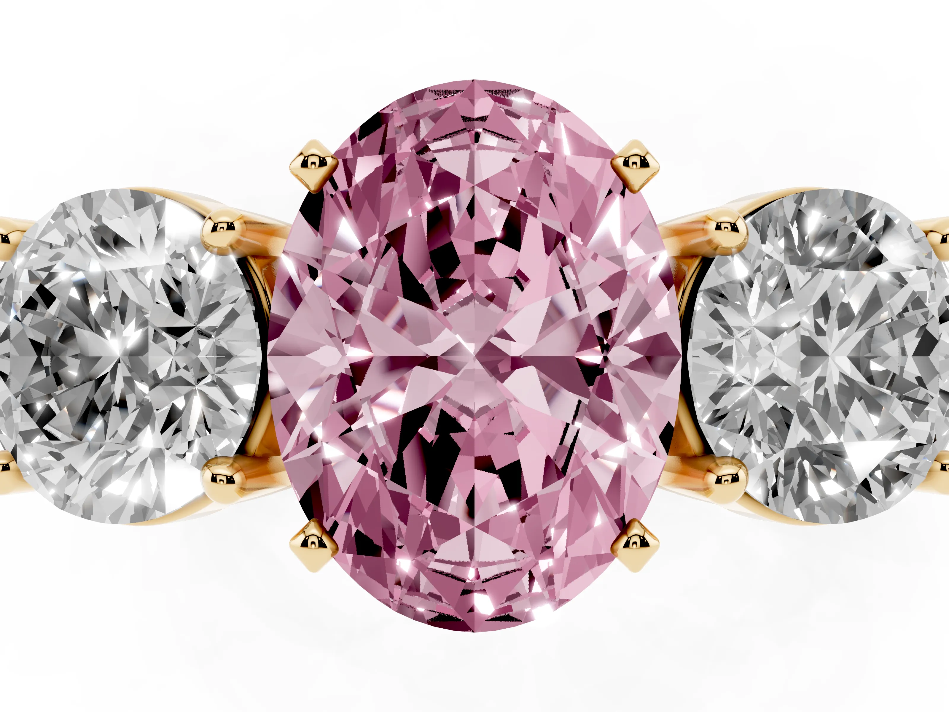 Fancy Pink Oval Cut Diamond Three-Stone Ring Set in Yellow gold with Round Side Stones and Classic Band