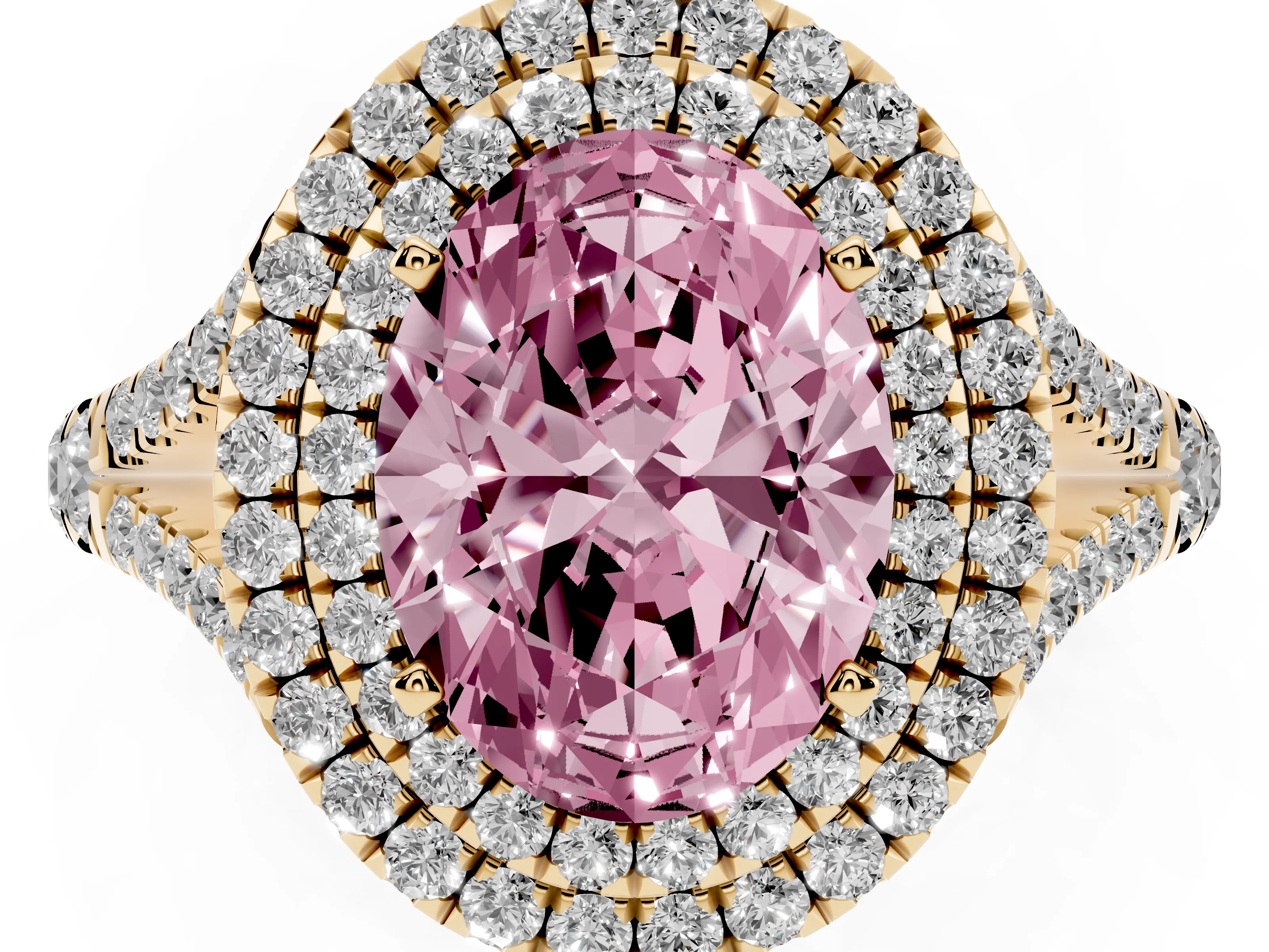 Fancy Pink Oval Cut Diamond Pavé Split Shank Double Halo Engagement Ring Set in Yellow gold