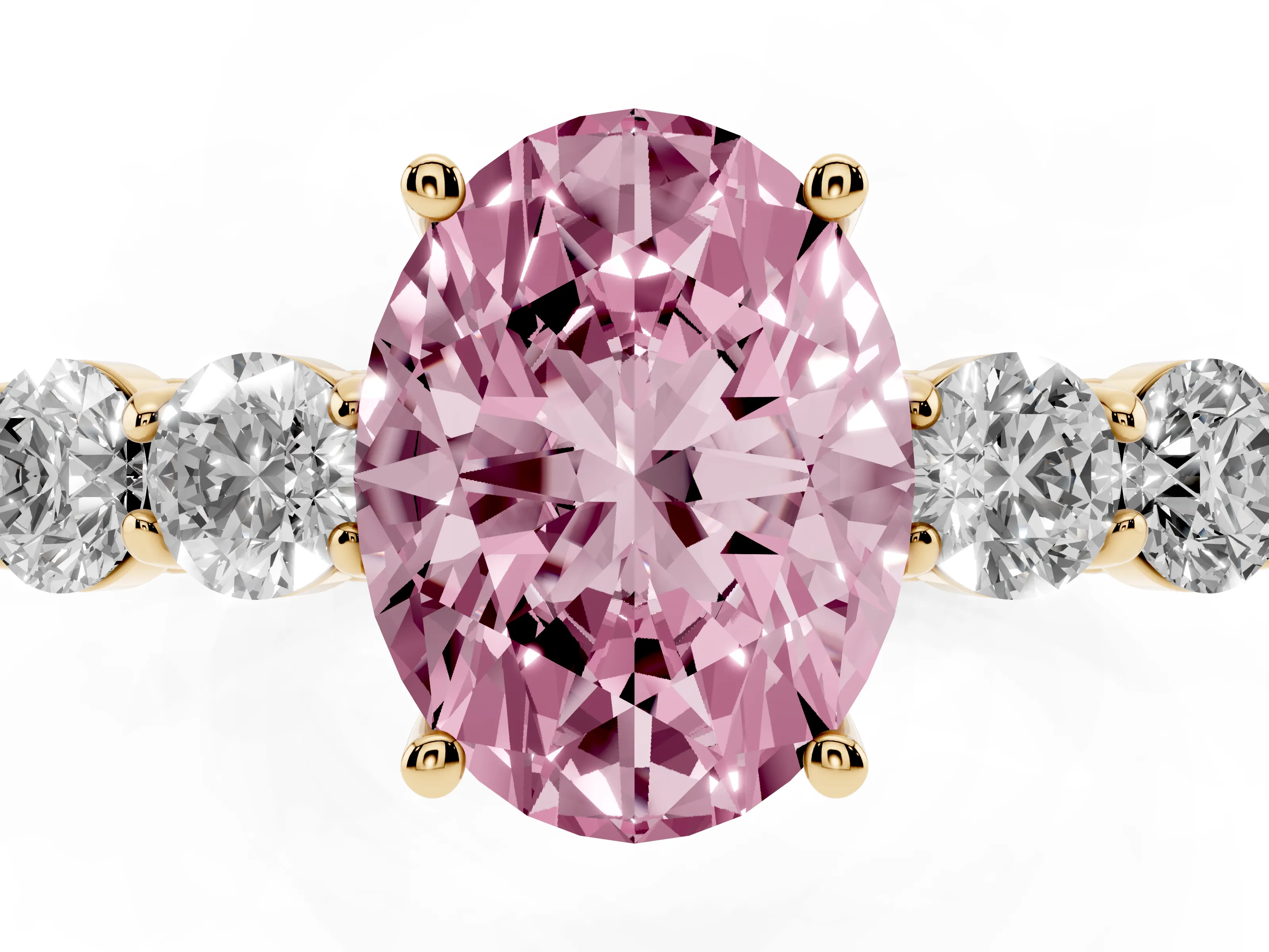 Fancy Pink Oval Cut Diamond Five-Stone Prong Set Band Ring Set in Yellow gold with Polished Band
