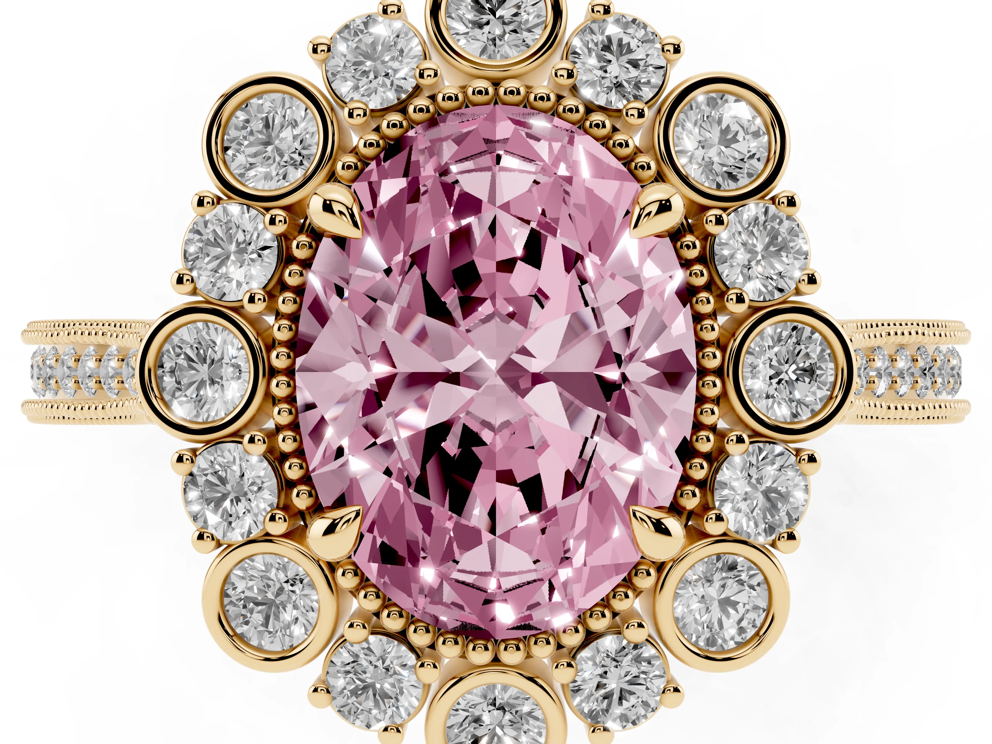 Fancy Pink Oval Cut Diamond Halo Milgrain Pavé Ring Set in Yellow gold with Prong Setting