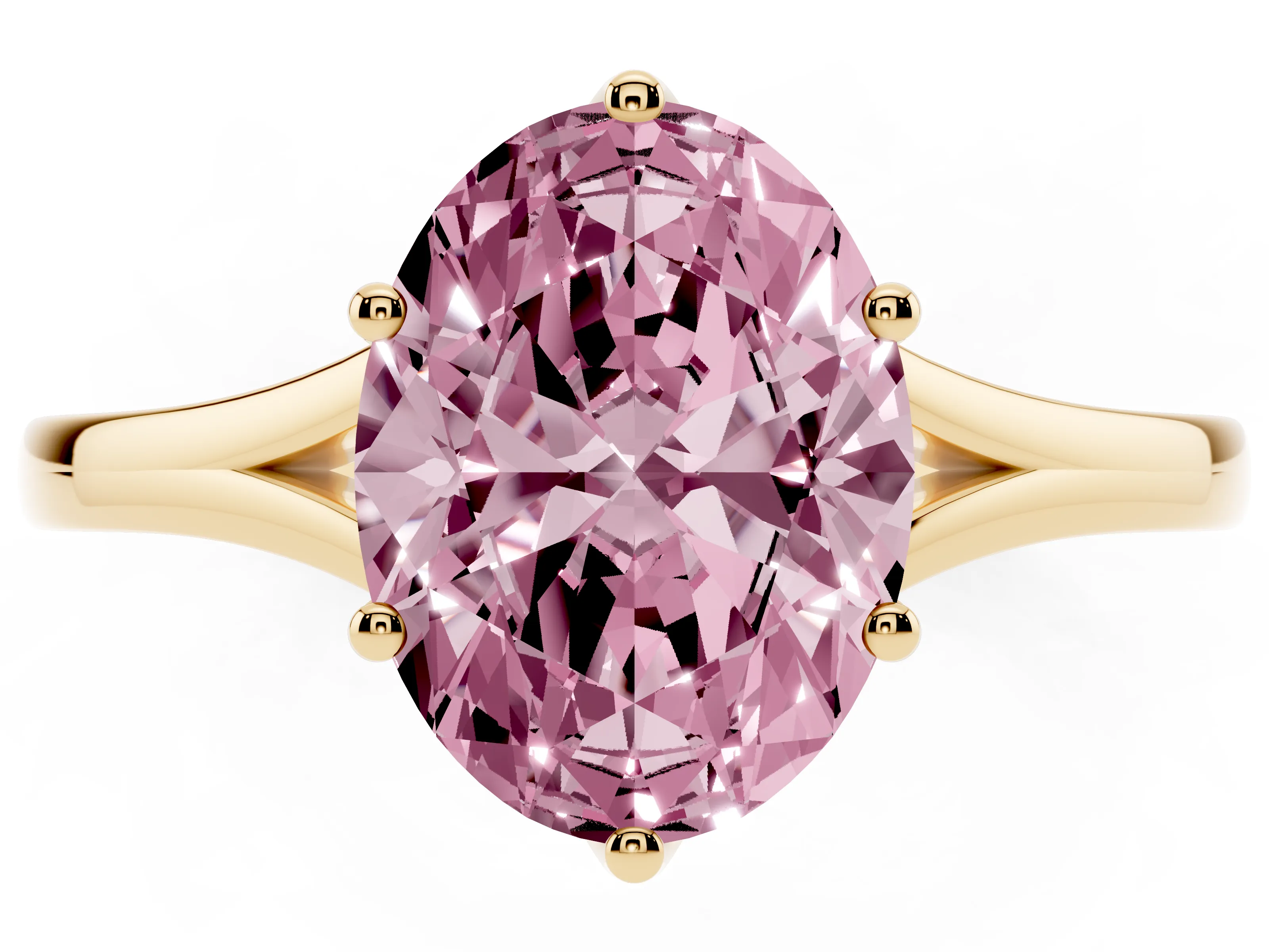 Fancy Pink Oval Cut Diamond Solitaire Ring Set in Yellow gold with Polished Tapered Band and Prong Setting