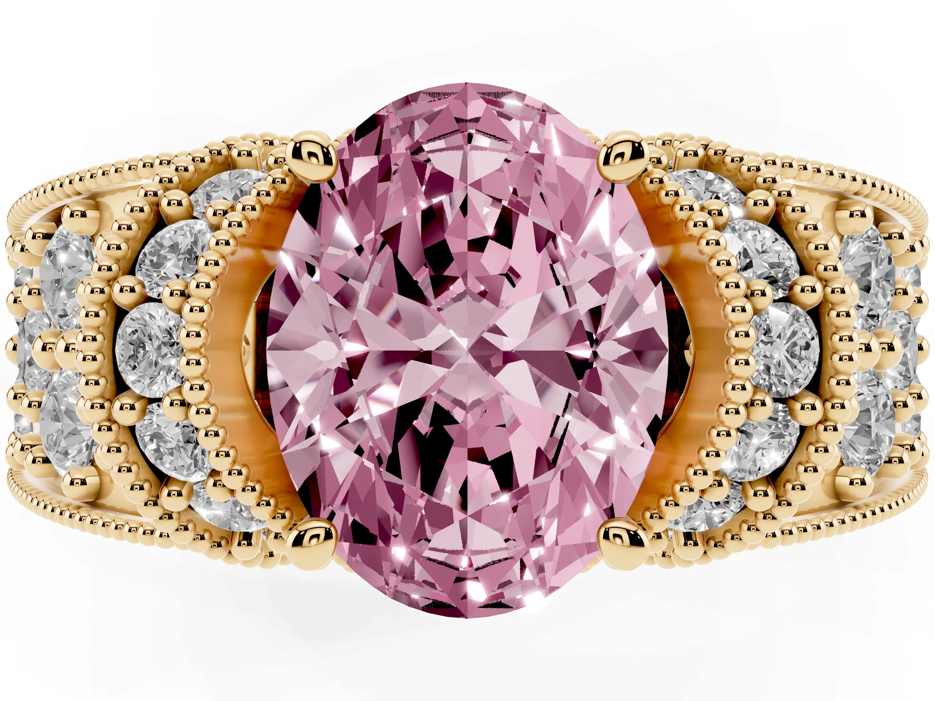 Fancy Pink Oval Cut Diamond Milgrain Halo Pavé Engagement Ring Set in Yellow gold with Prong Setting