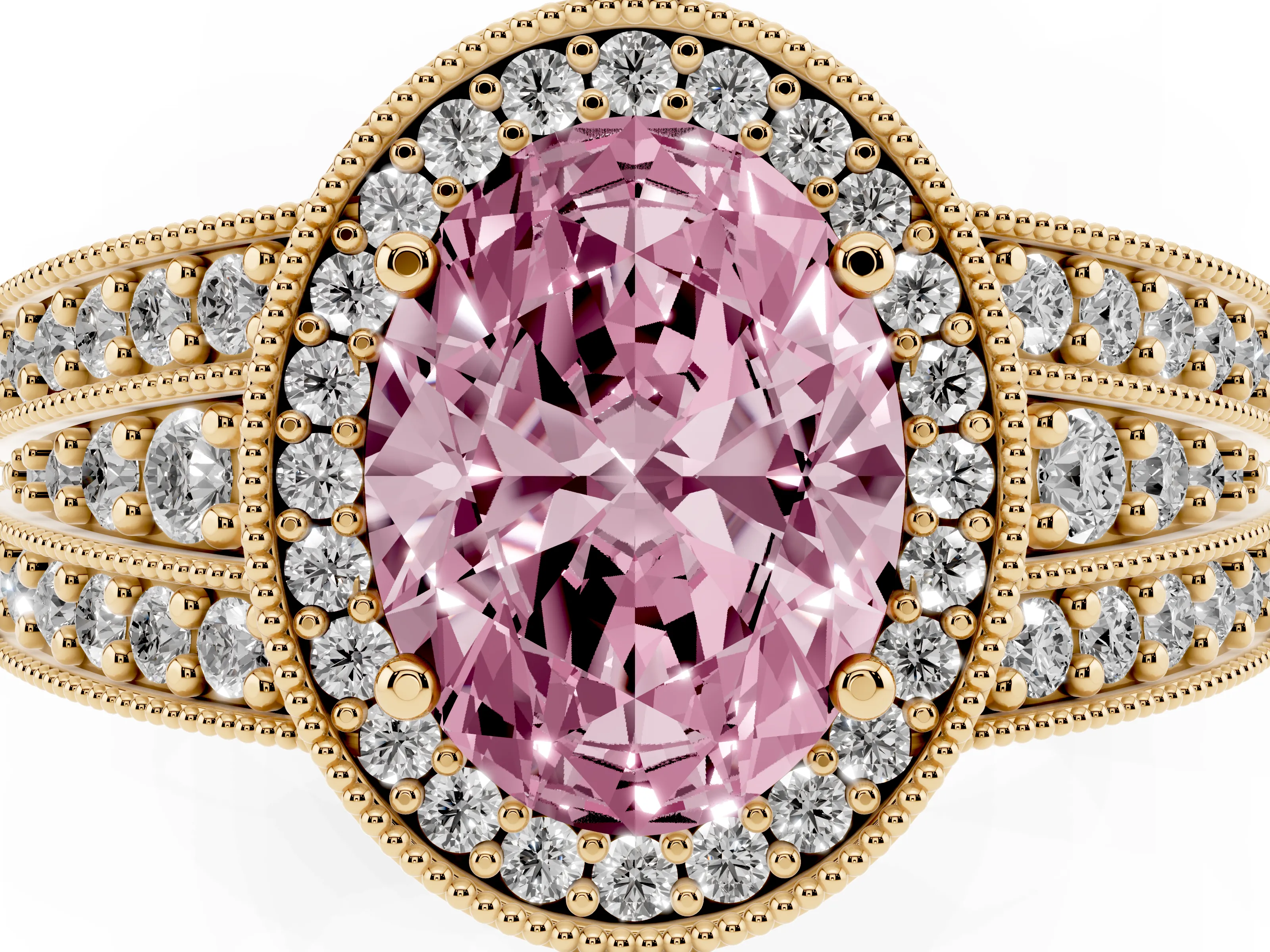 Fancy Pink Oval Cut Diamond Halo Ring Set in Yellow gold with Accent Split Shank and Prong Setting