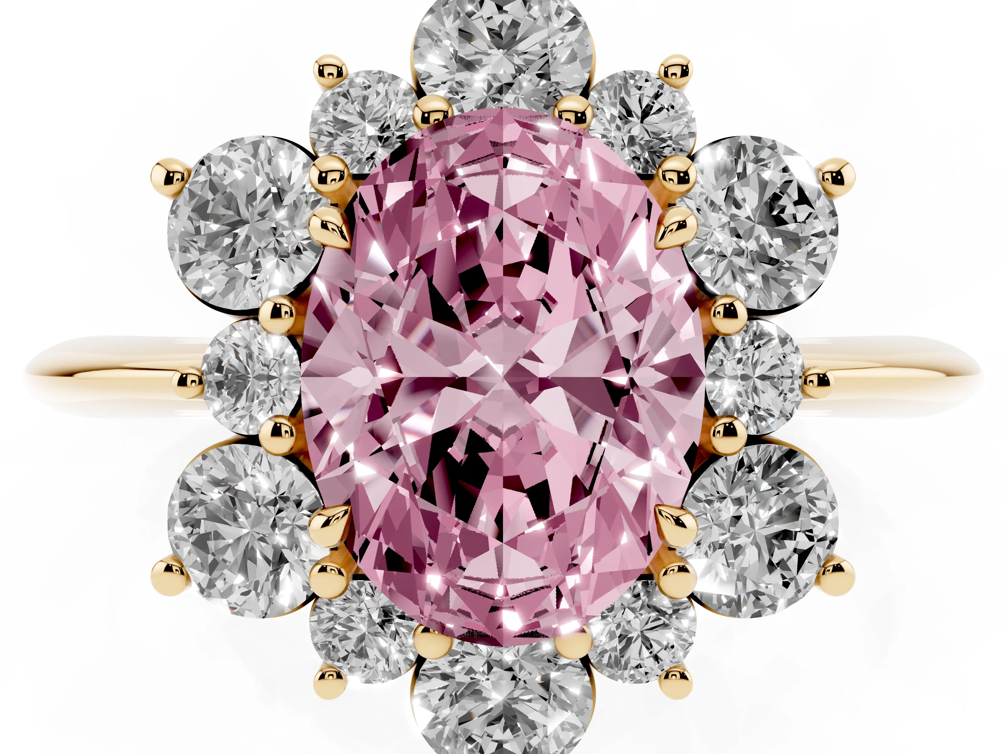 Fancy Pink Oval Cut Diamond Cluster Halo Ring Set in Yellow gold with Solitaire Band and Prong Setting