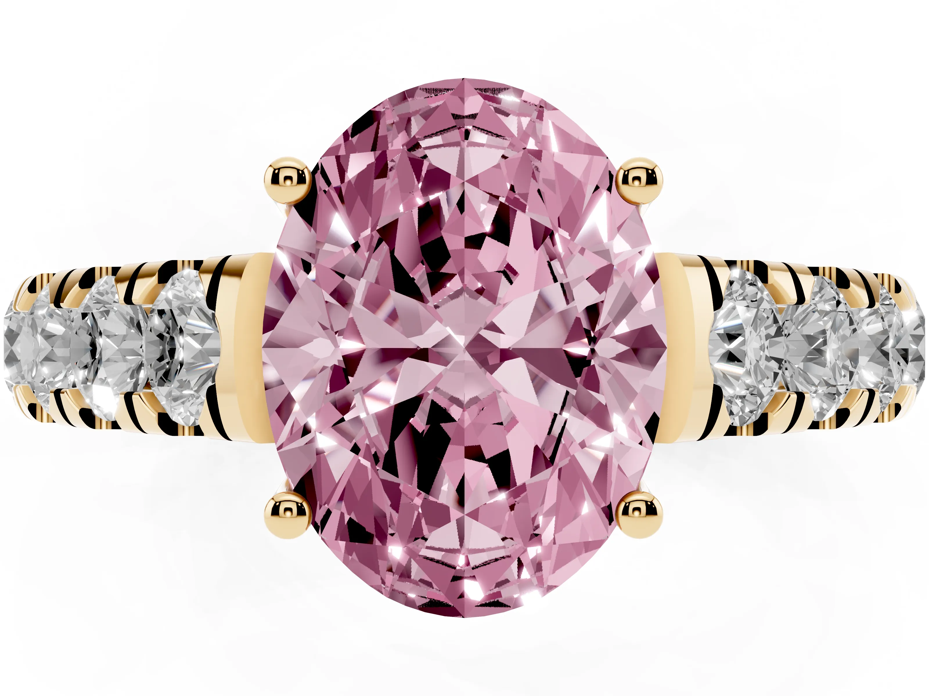 Fancy Pink Oval Cut Diamond Solitaire Ring Set in Yellow gold with Cut-Down Micro Pavé Band and Prong Setting
