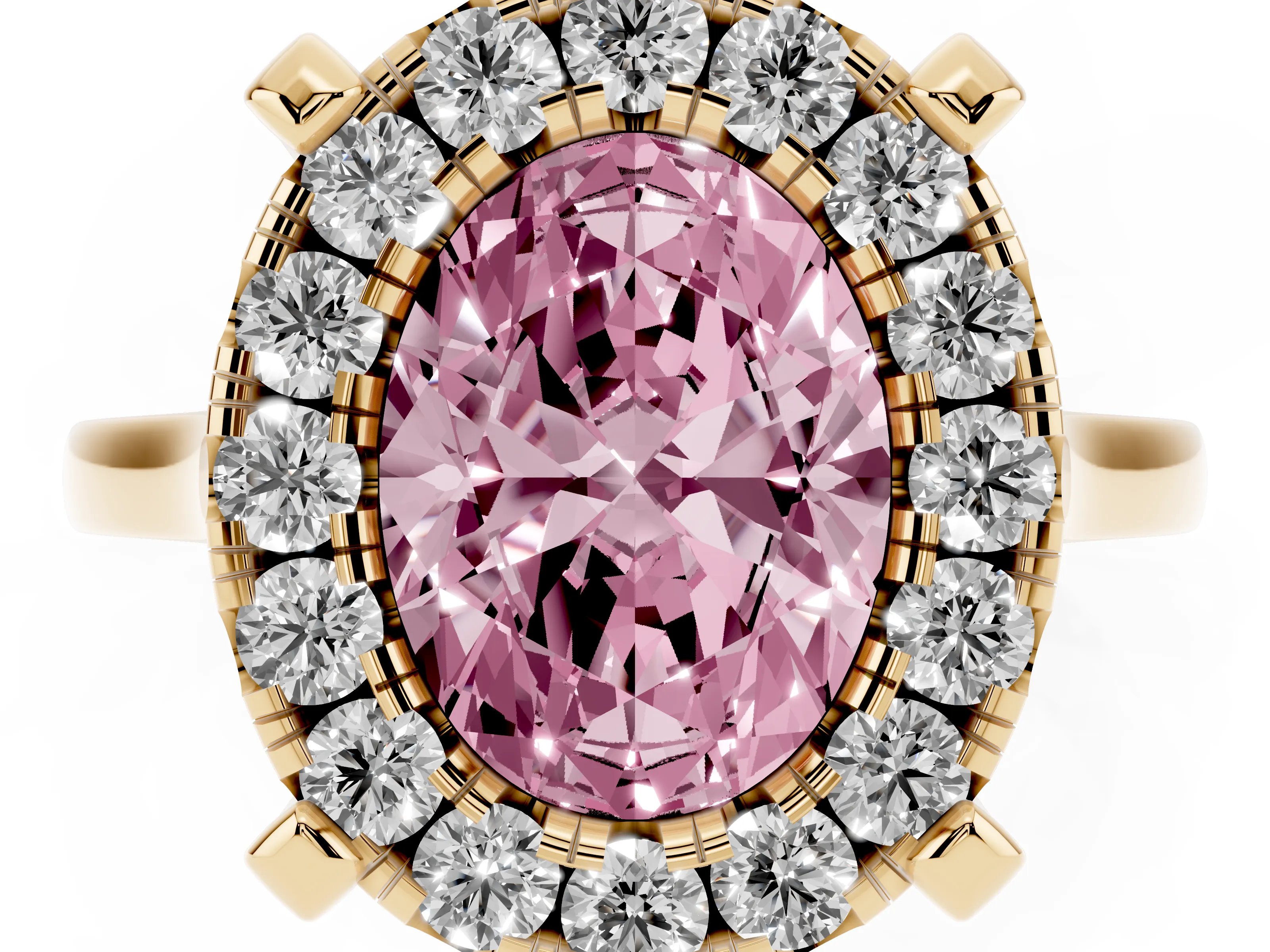 Fancy Pink Oval Cut Diamond Cluster Halo Solitaire Ring Set in Yellow gold with Prong Setting