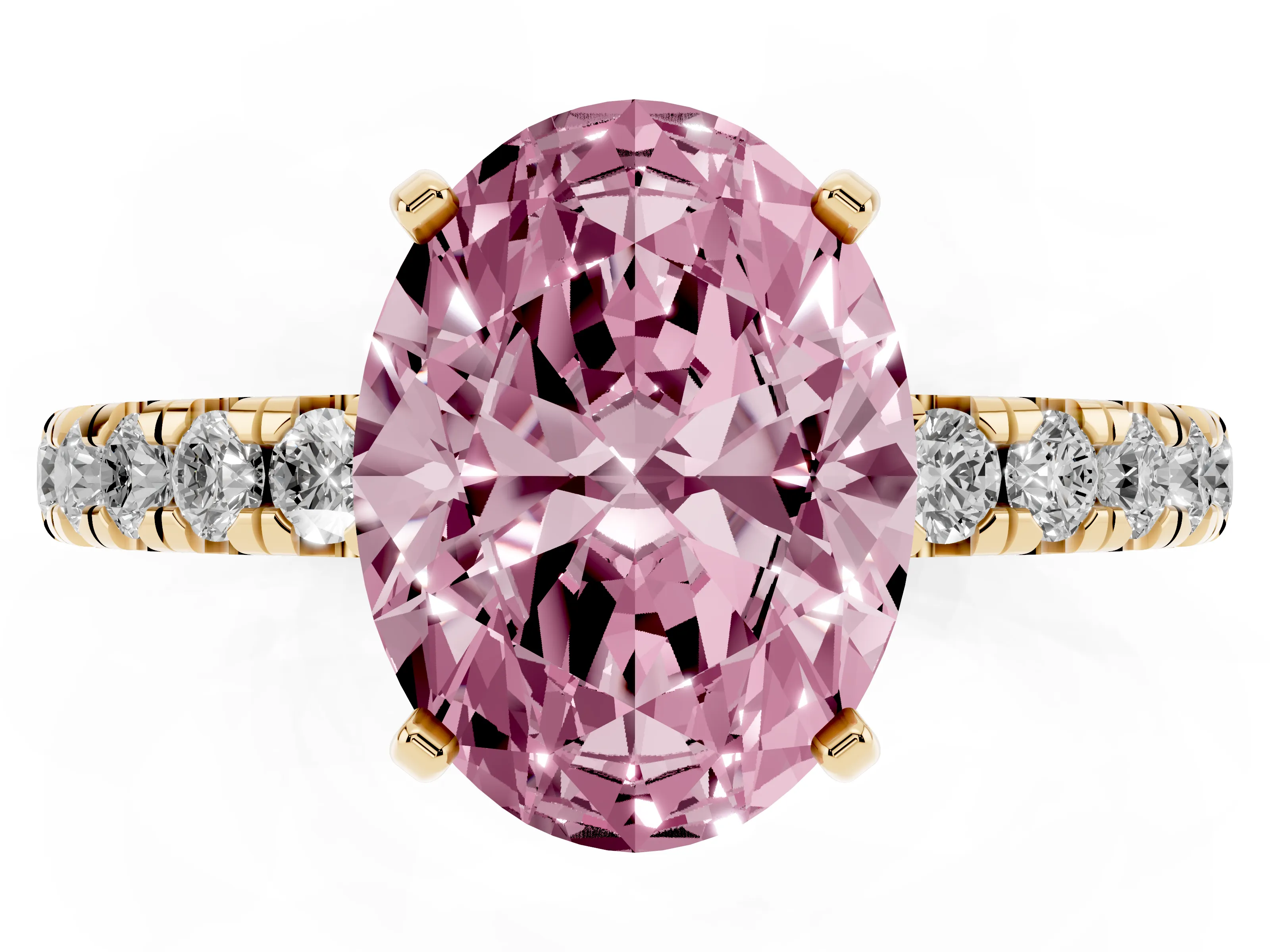 Fancy Pink Oval Cut Diamond Pavé Solitaire Ring Set in Yellow gold with Round Band and Prong Setting