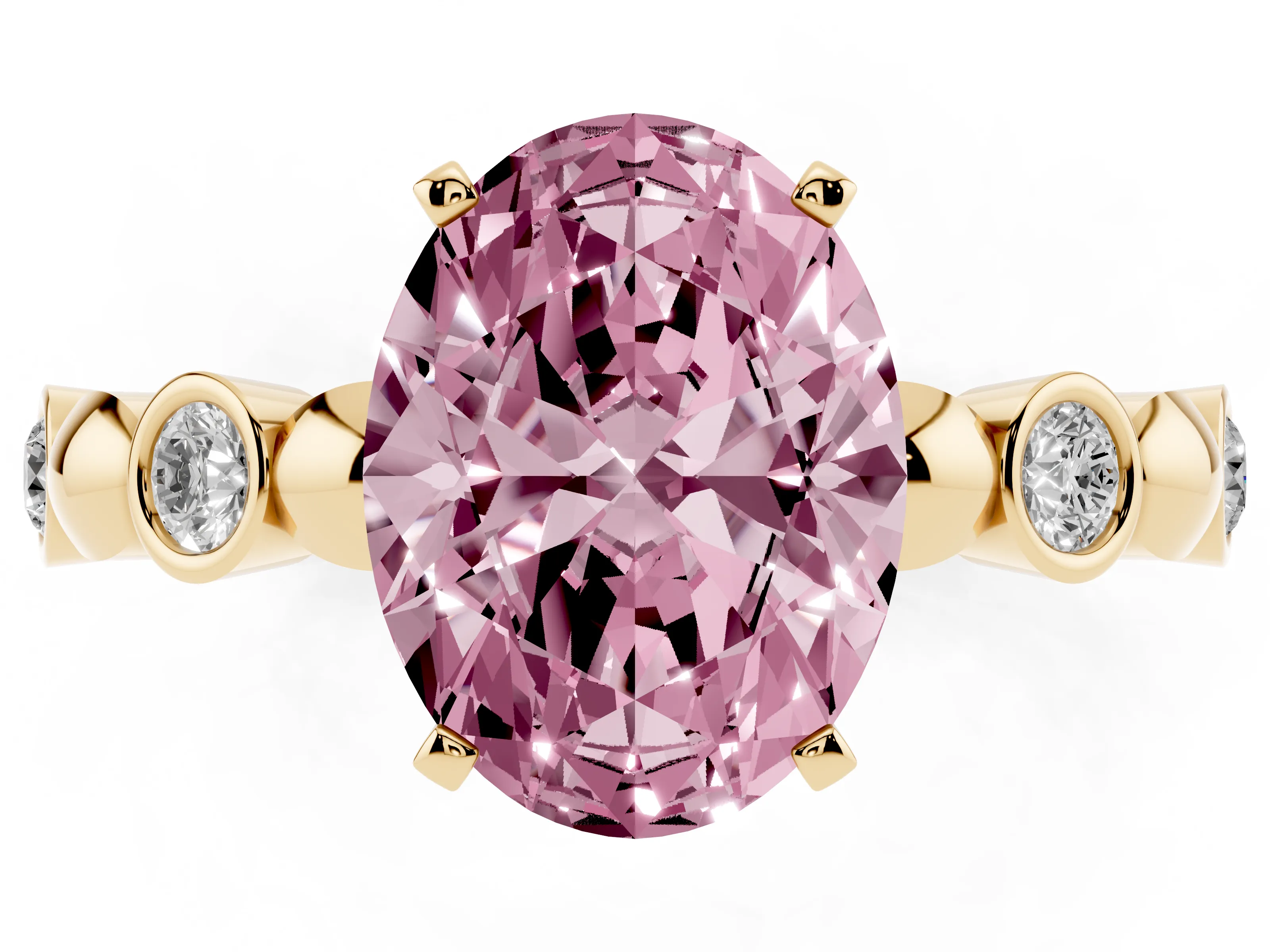 Fancy Pink Oval Cut Diamond Solitaire Ring Set in Yellow gold with Bezel-Set Accents on Beaded Band and Prong Setting
