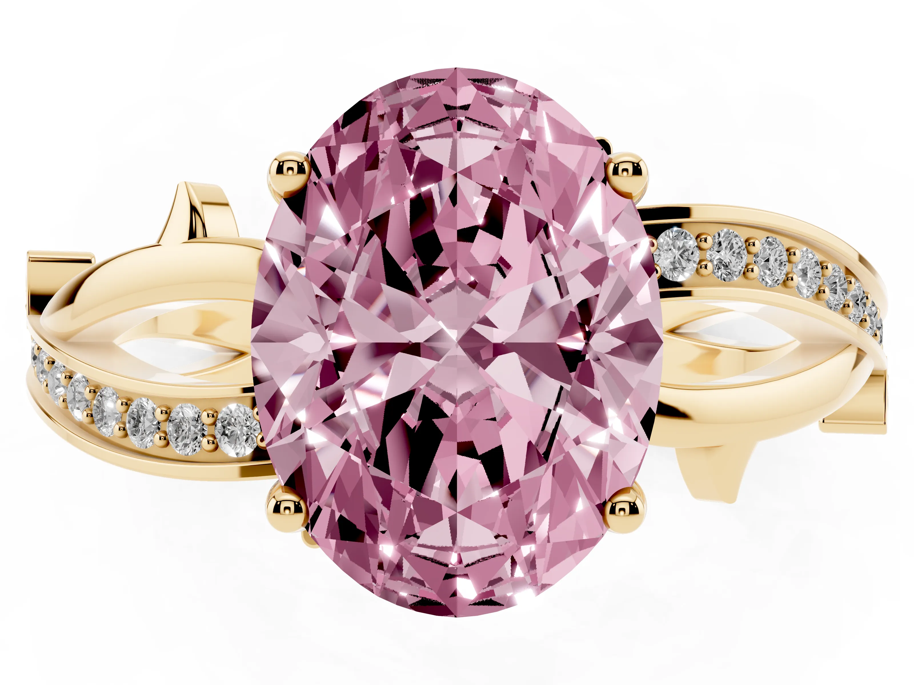 Fancy Pink Oval Cut Diamond Pavé Twist Band Solitaire Ring Set in Yellow gold with Prong Setting