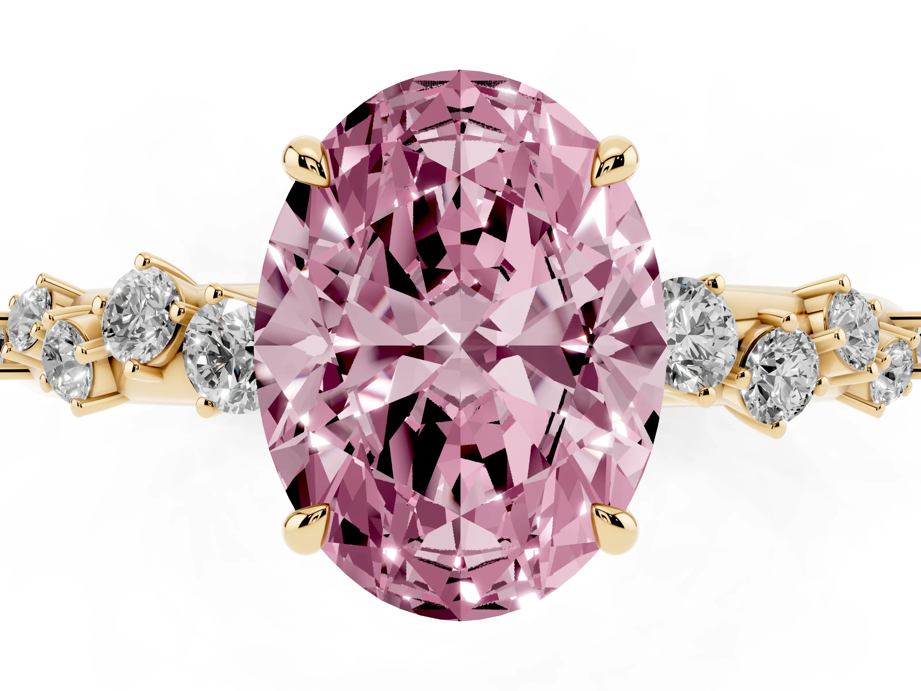 Fancy Pink Oval Cut Diamond Cluster Solitaire Ring Set in Yellow gold with Prong Setting