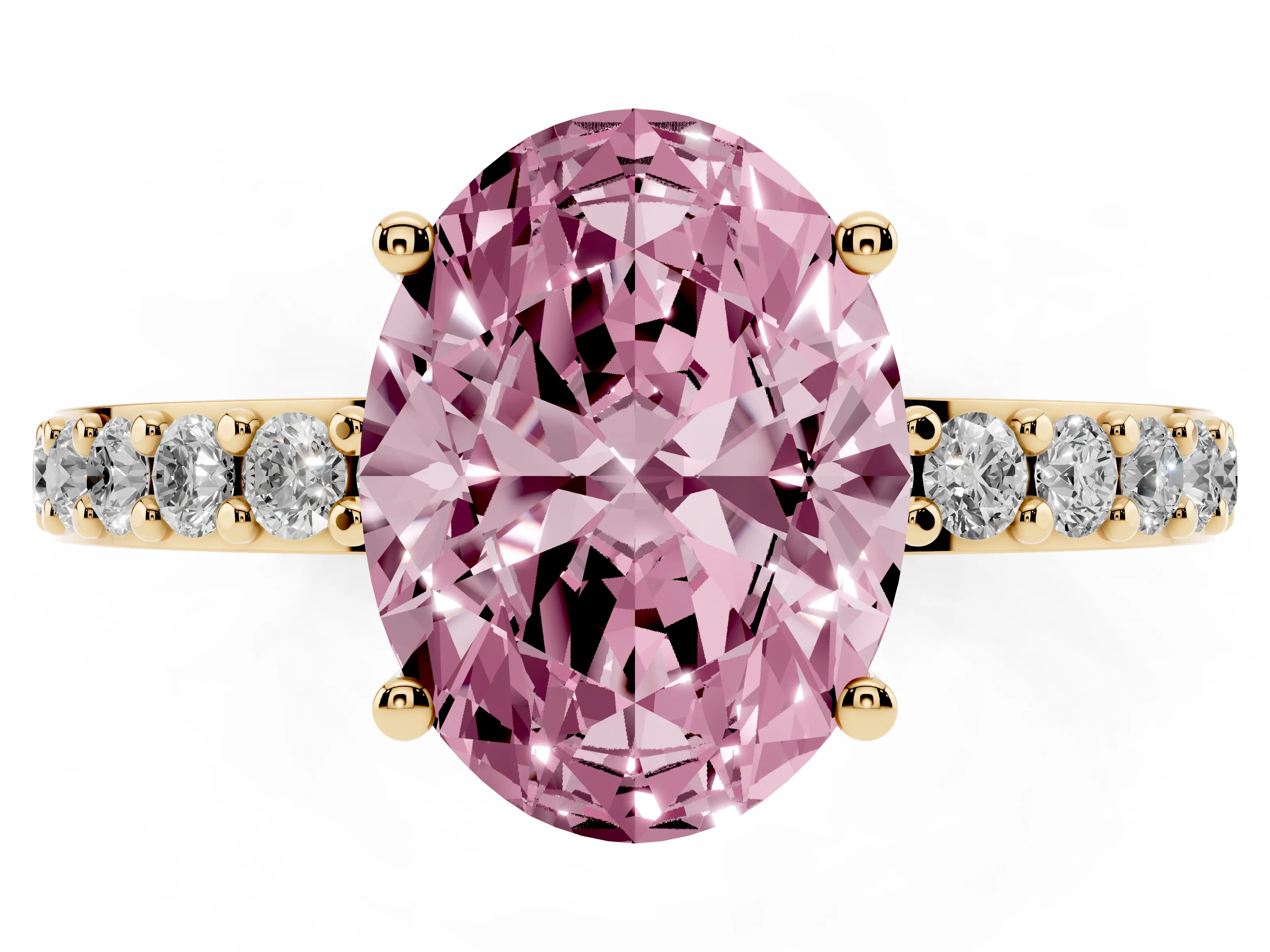 Fancy Pink Oval Cut Diamond Solitaire Set in Yellow gold with Round Pavé Band and Prong Setting