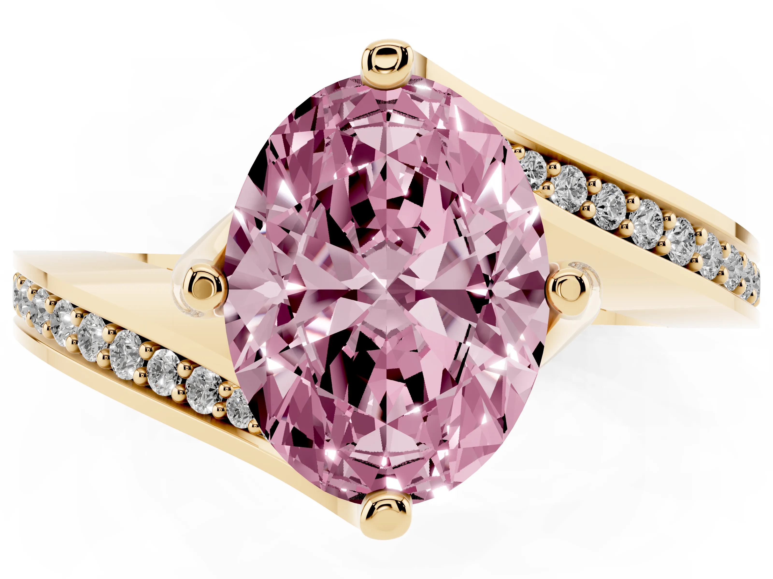 Fancy Pink Oval Cut Diamond Solitaire Ring Set in Yellow gold with Intertwined Pavé Twist Band