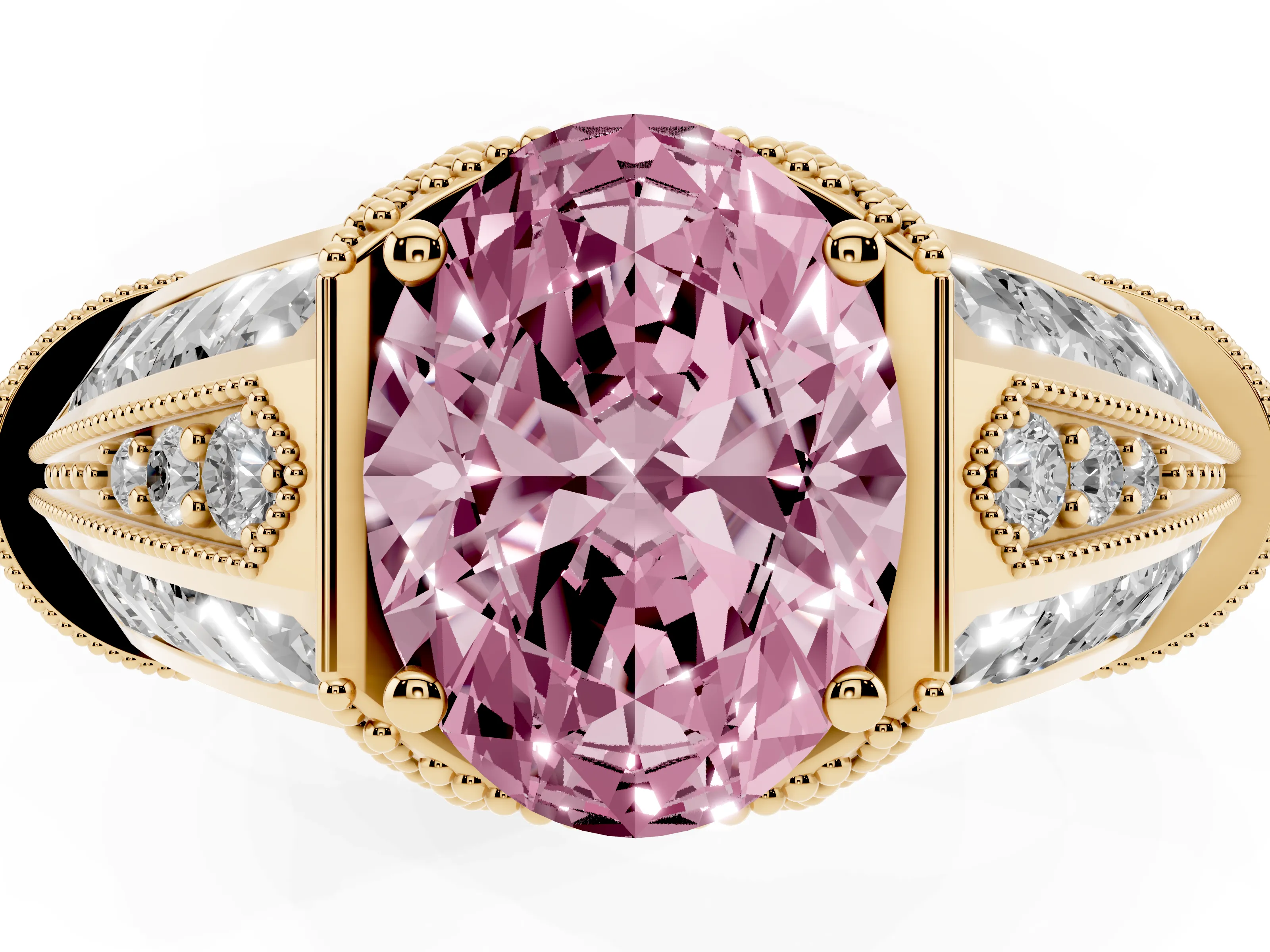 Fancy Pink Oval Cut Diamond Vintage-Inspired Milgrain Ring Set in Yellow gold with Accent Split Shank