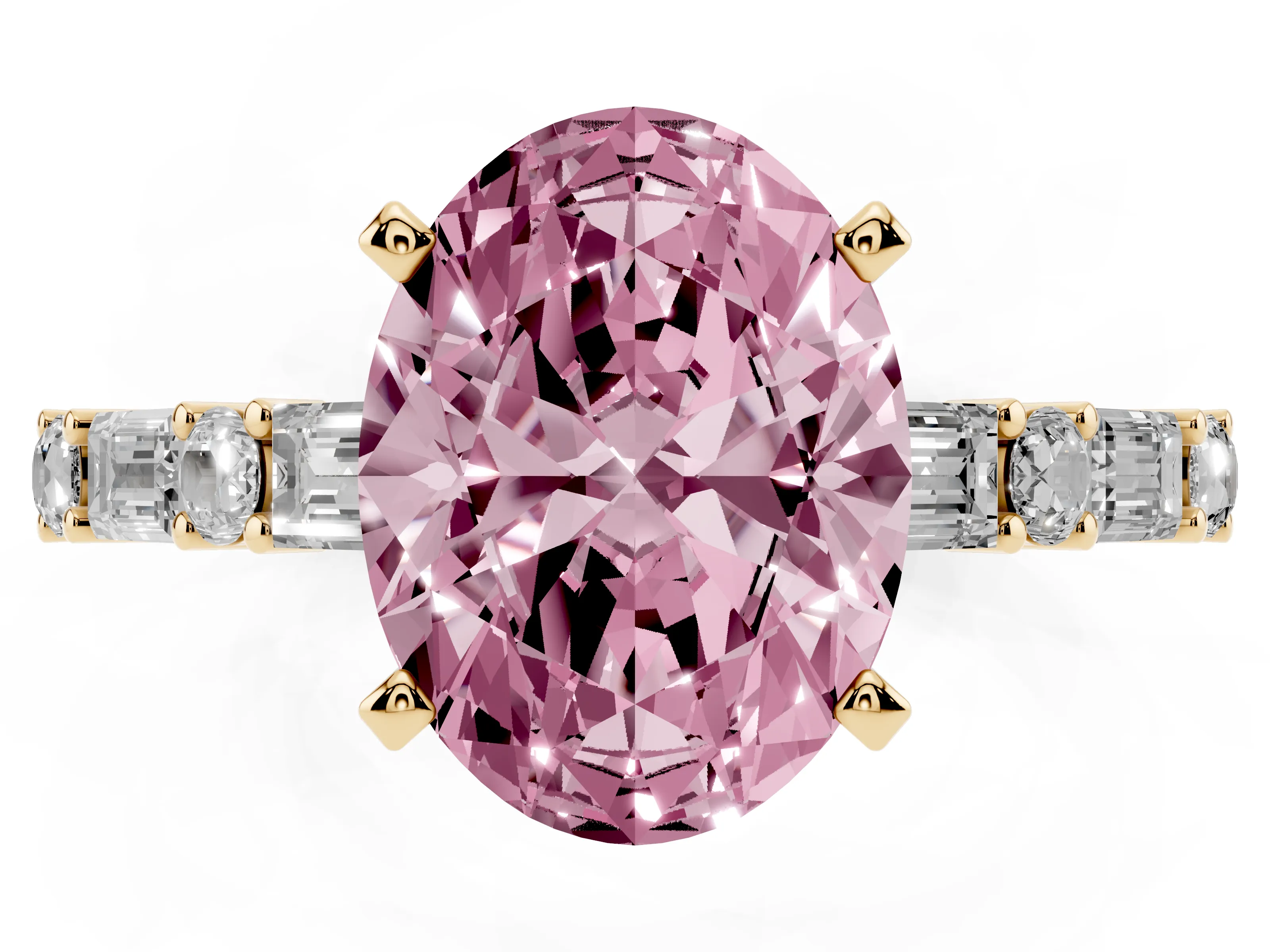 Fancy Pink Oval Cut Diamond Solitaire Set in Yellow gold with Side Baguettes and Channel Set Band