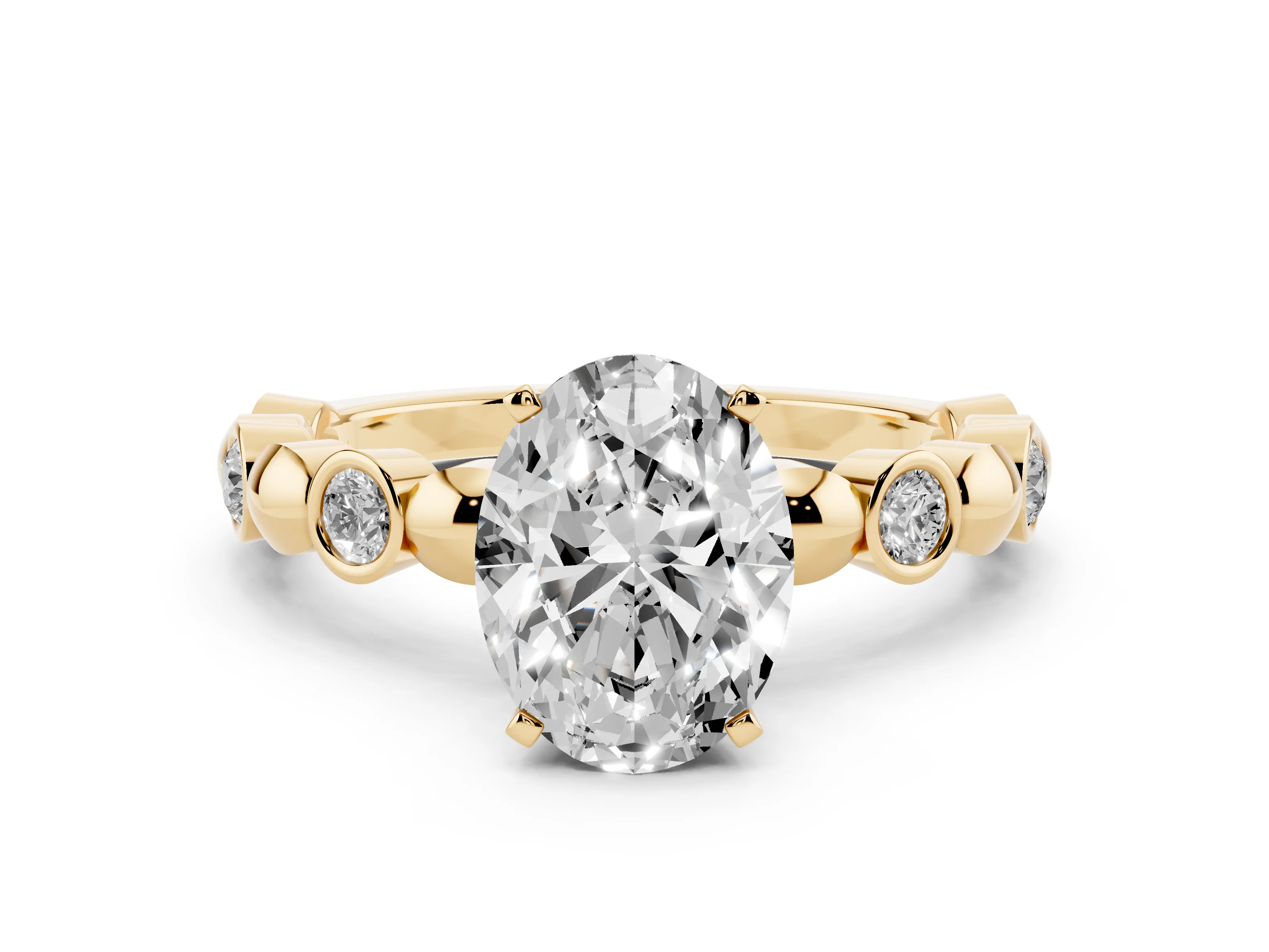 Oval Cut Diamond Solitaire Ring Set in Yellow gold with Bezel-Set Accents on Beaded Band and Prong Setting