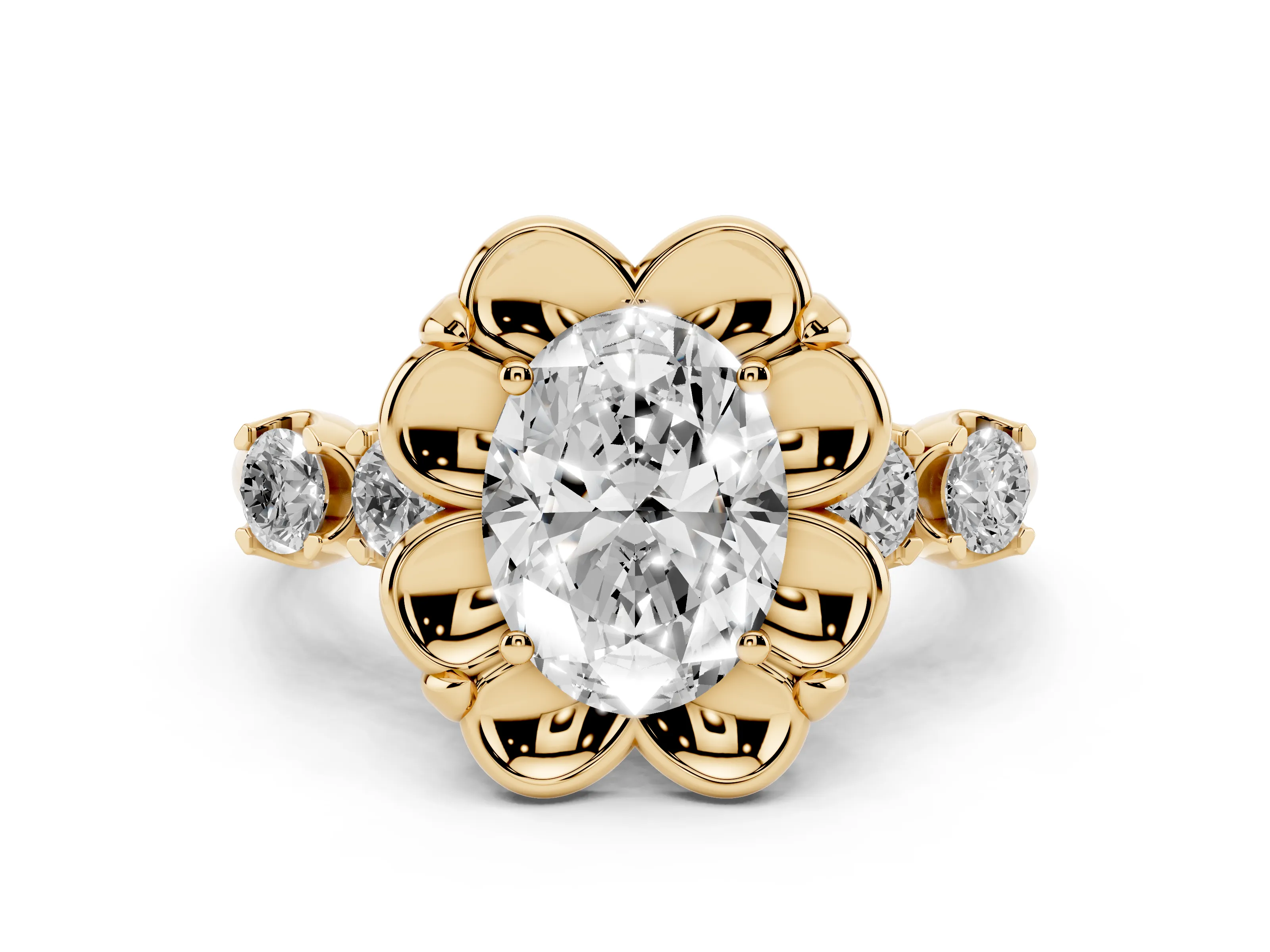 Oval Cut Diamond Floral Halo Ring Set in Yellow gold with Shared Prong Band