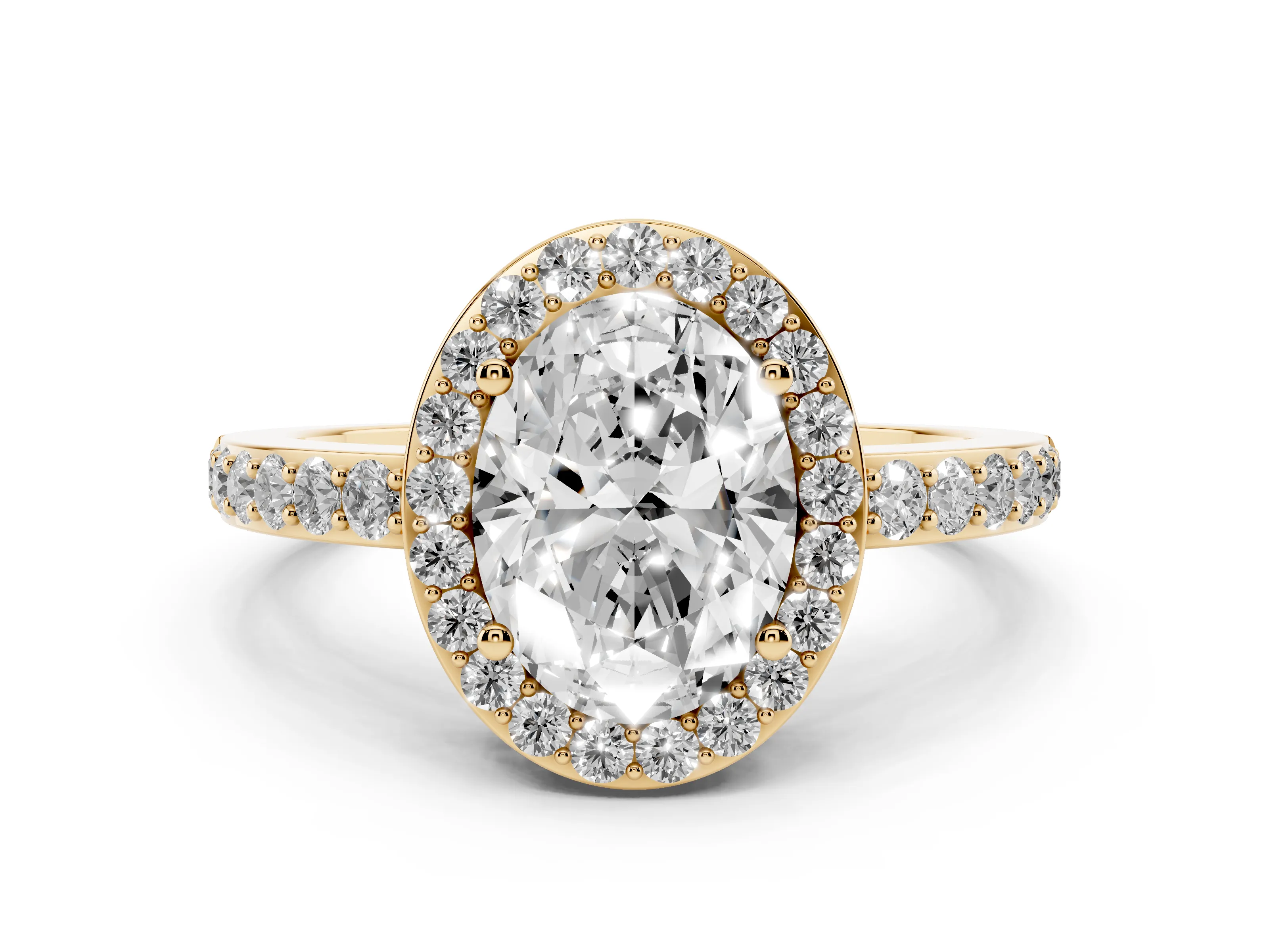 Oval Cut Diamond Halo Ring Set in Yellow gold with Pavé-Setting Band and Open Prong Center