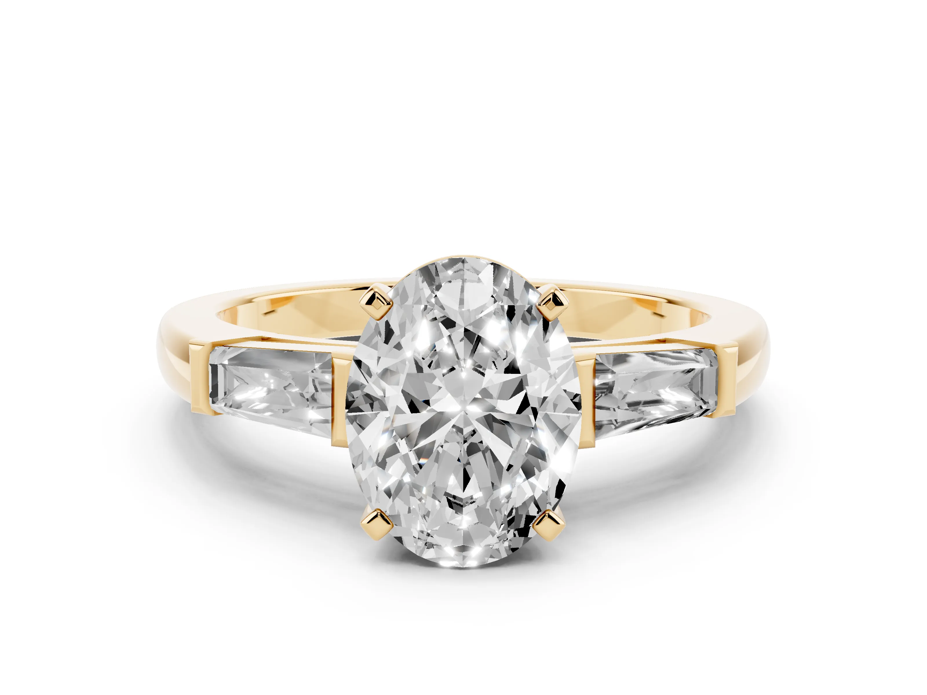 Oval Cut Diamond Solitaire Ring Set in Yellow gold with Tapered Baguette Side Stones and Prong Setting