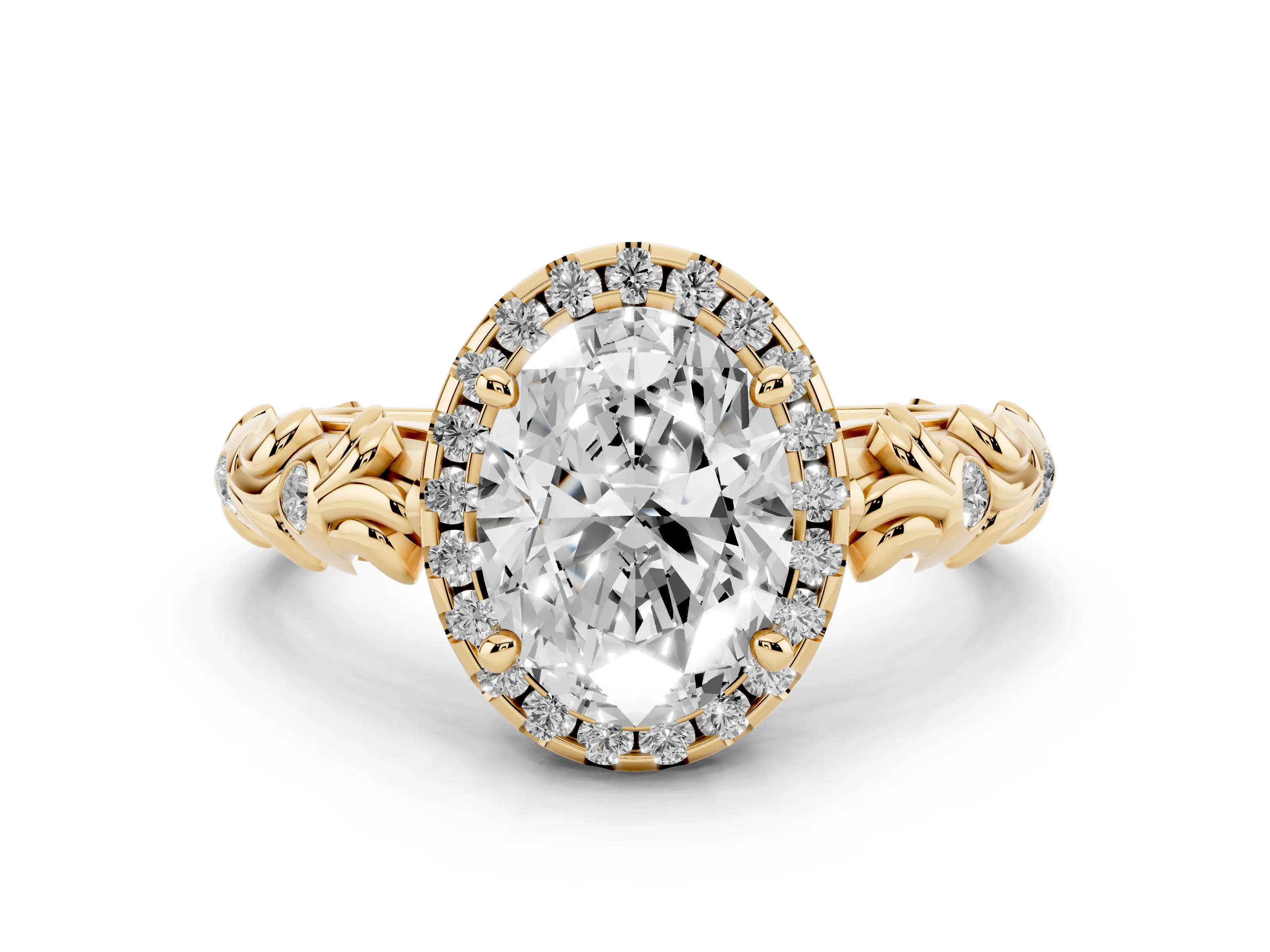 Oval Cut Diamond Halo Ring Set in Yellow gold with Filigree Leaf Band and Prong Setting