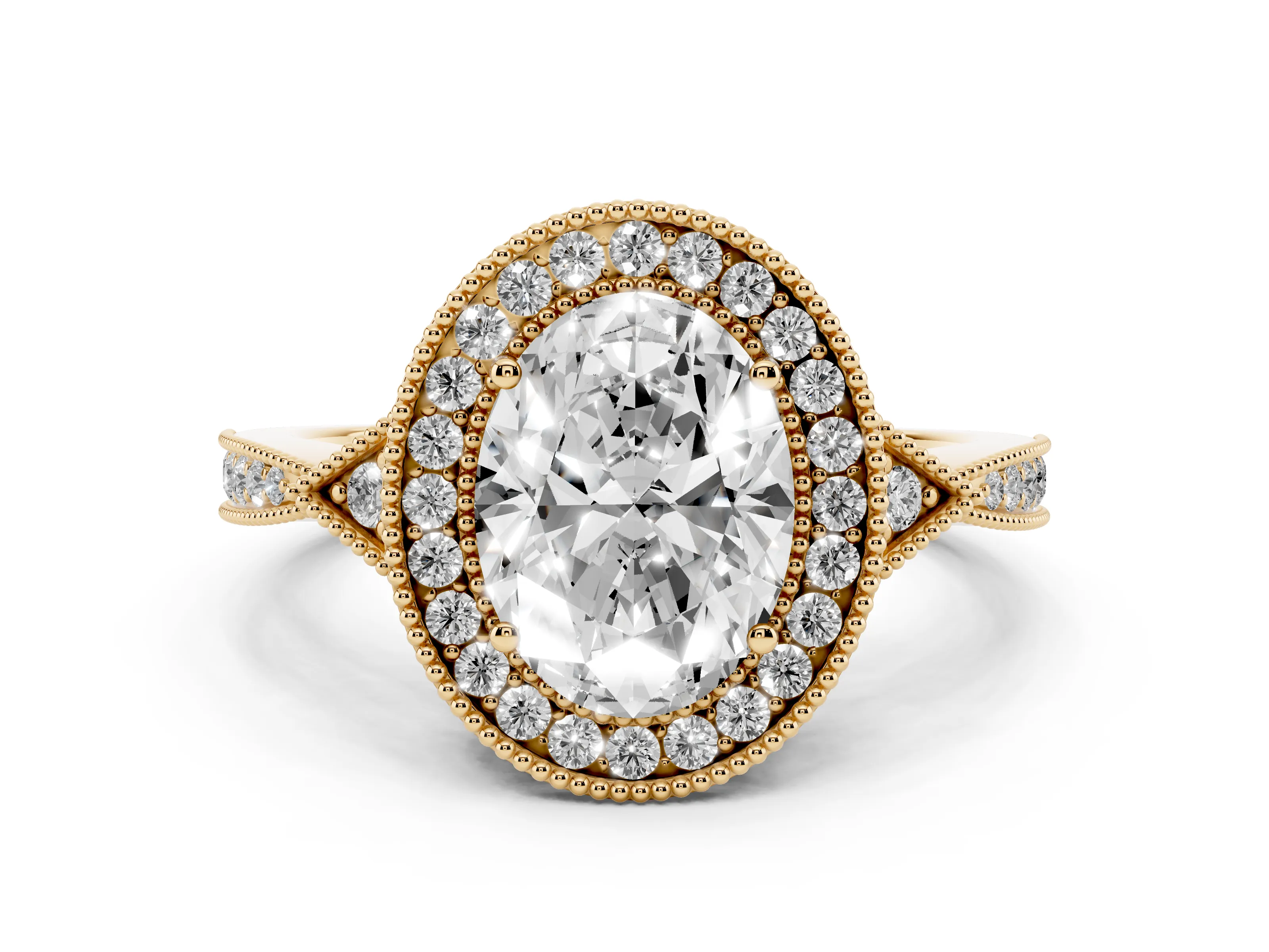 Oval Cut Diamond Halo Engagement Ring Set in Yellow gold with Milgrain Pavé Band