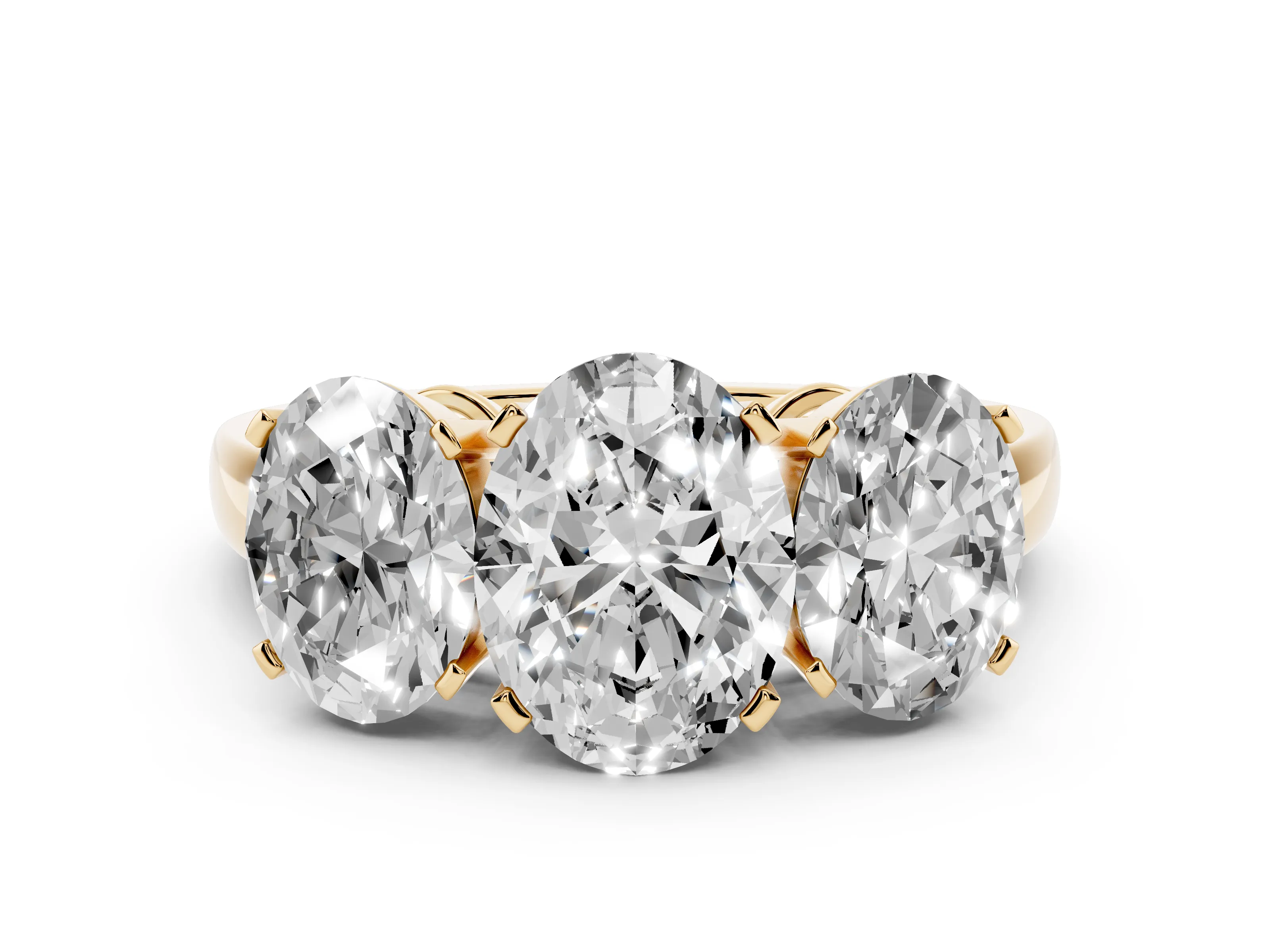 Oval Cut Diamond Three-Stone Ring Set in Yellow gold with Channel-Set Band and Prong Settings