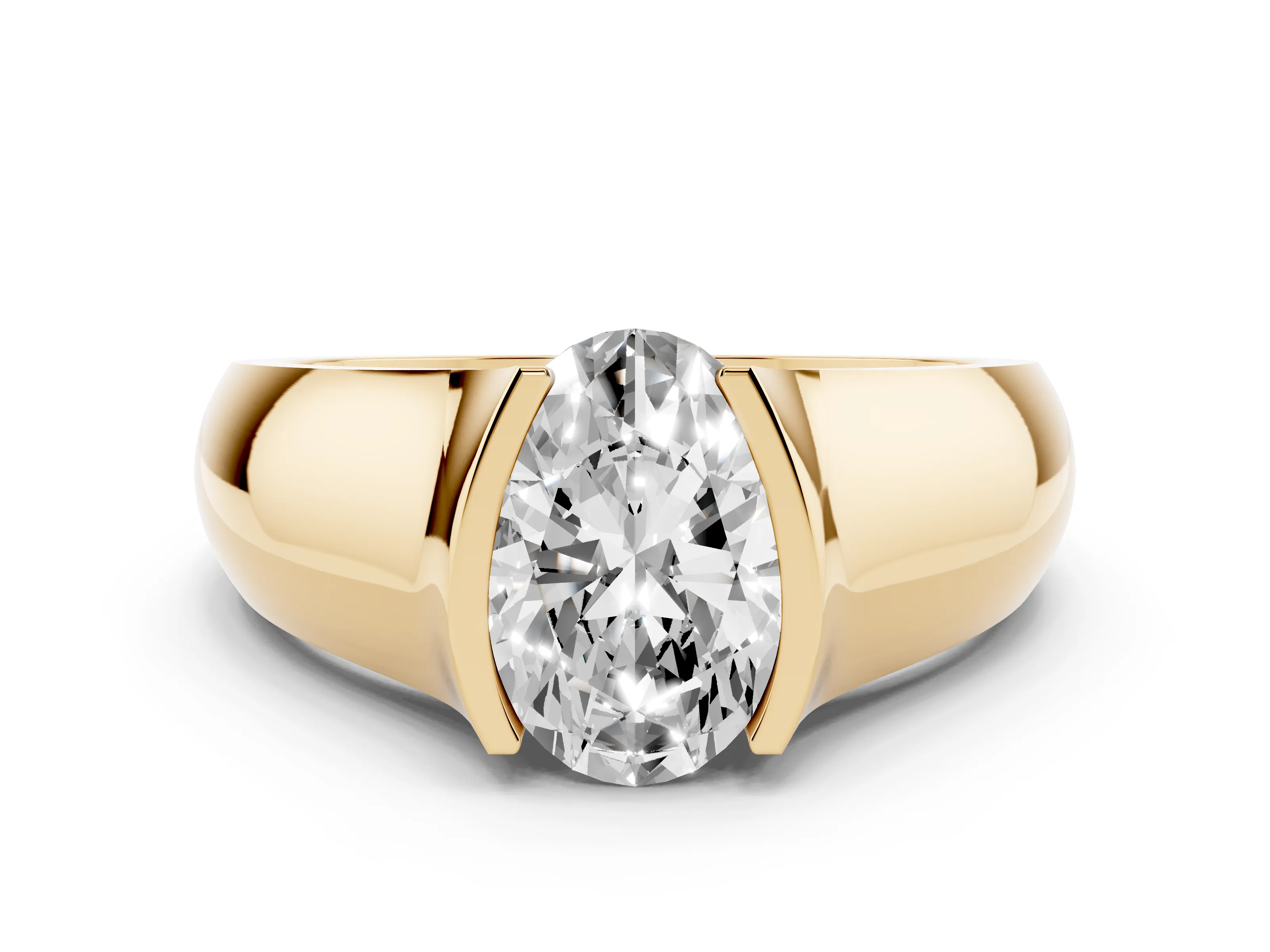 Oval Cut Diamond Bezel Solitaire Ring Set in Yellow gold with Wide Band
