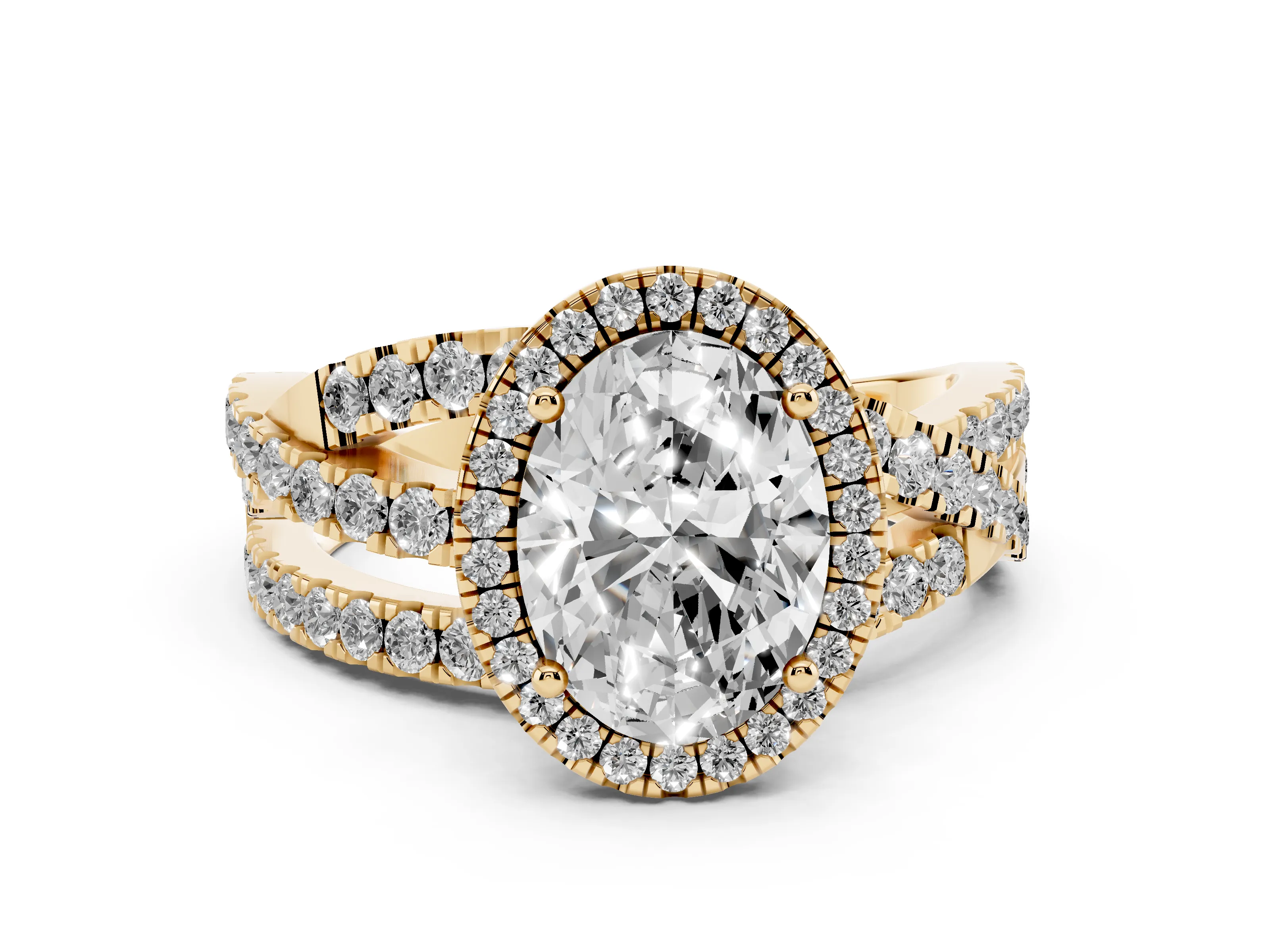 Oval Cut Diamond Halo Ring Set in Yellow gold with Round Crossover Split Shank and Prong Setting