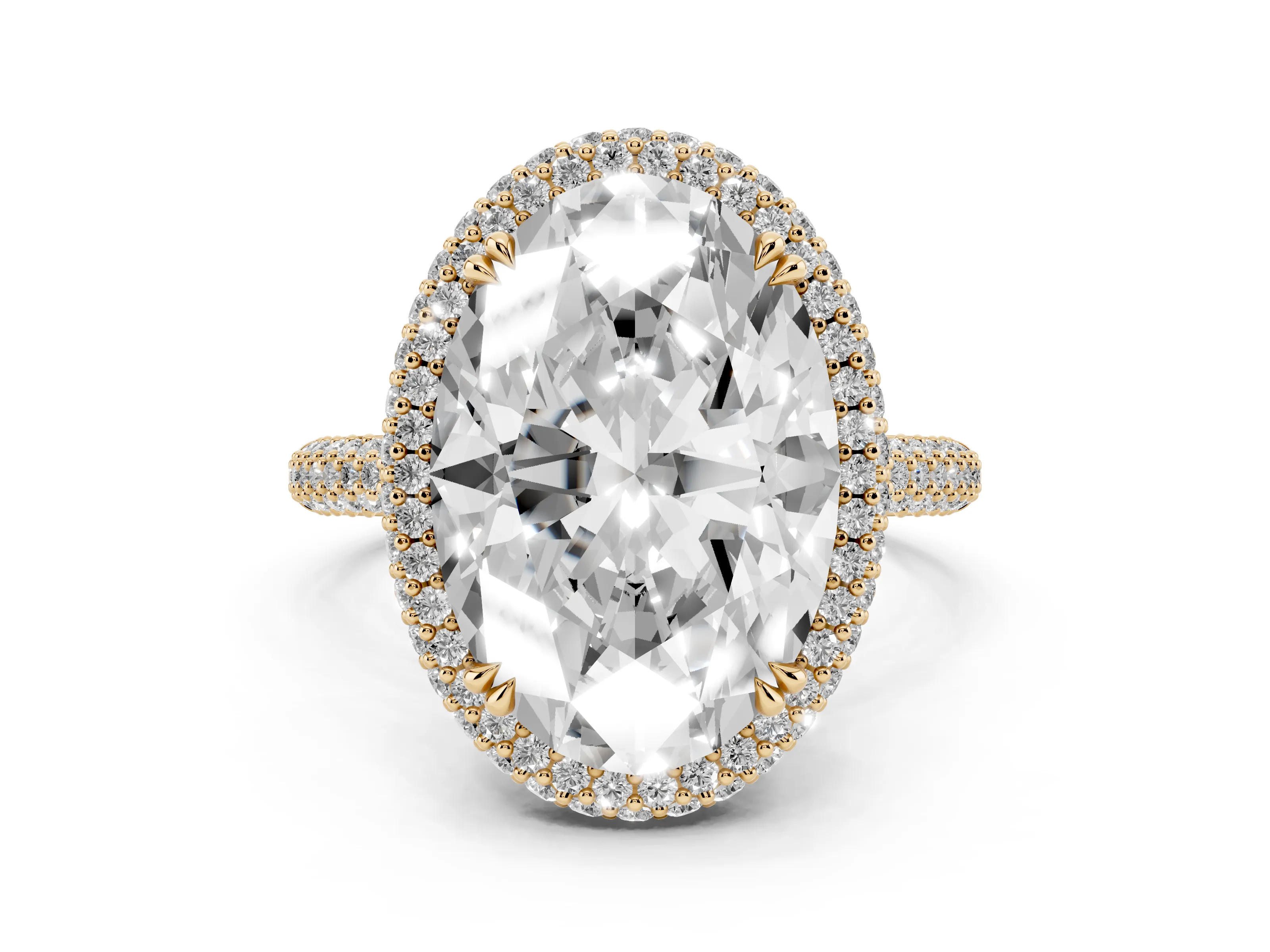 Oval Diamond Halo Ring Set in Yellow gold with Round Accent Halo and Pavé Band