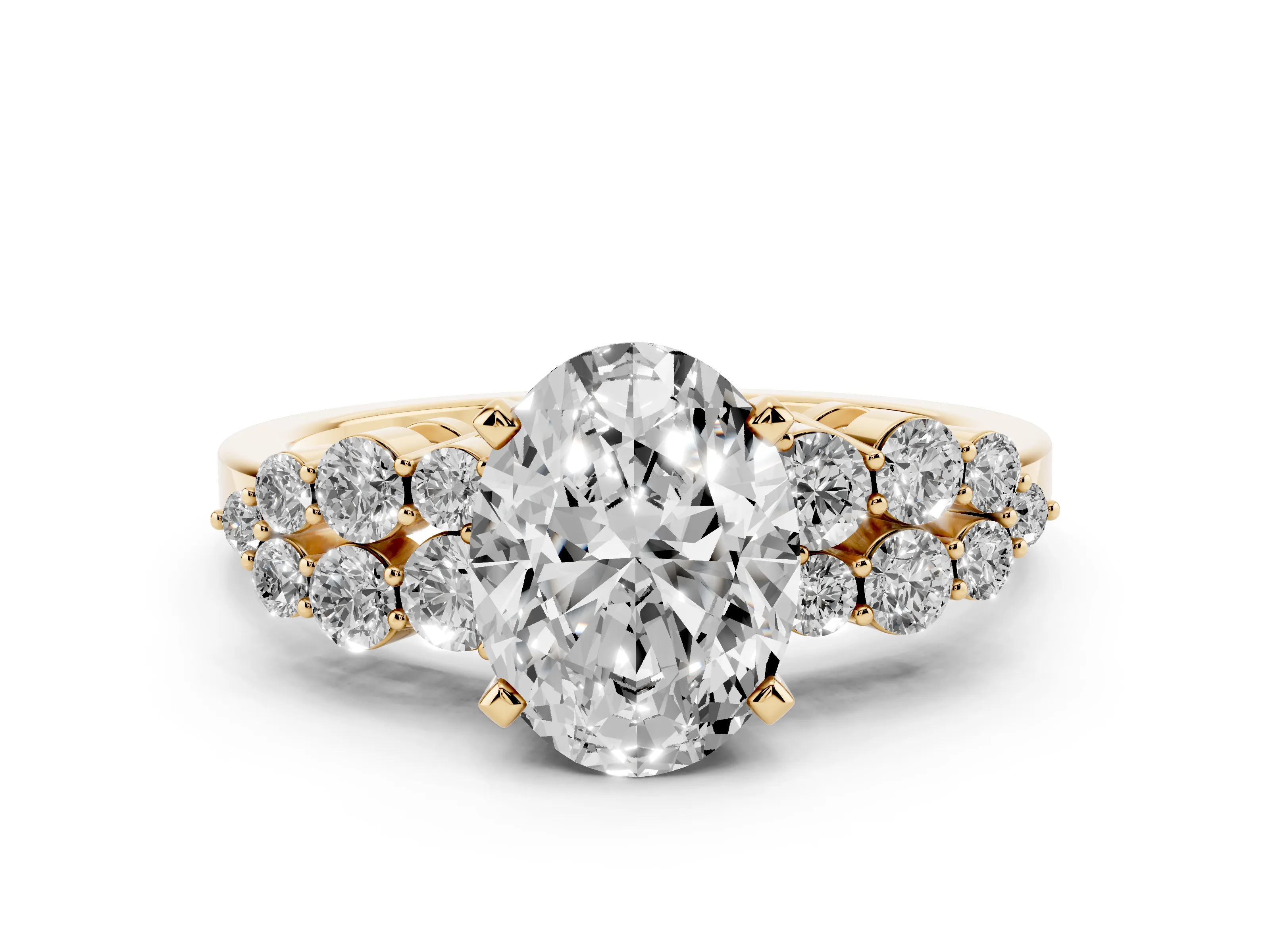 Oval Cut Diamond Cluster Engagement Ring Set in Yellow gold with Pavé Band and Prong Setting