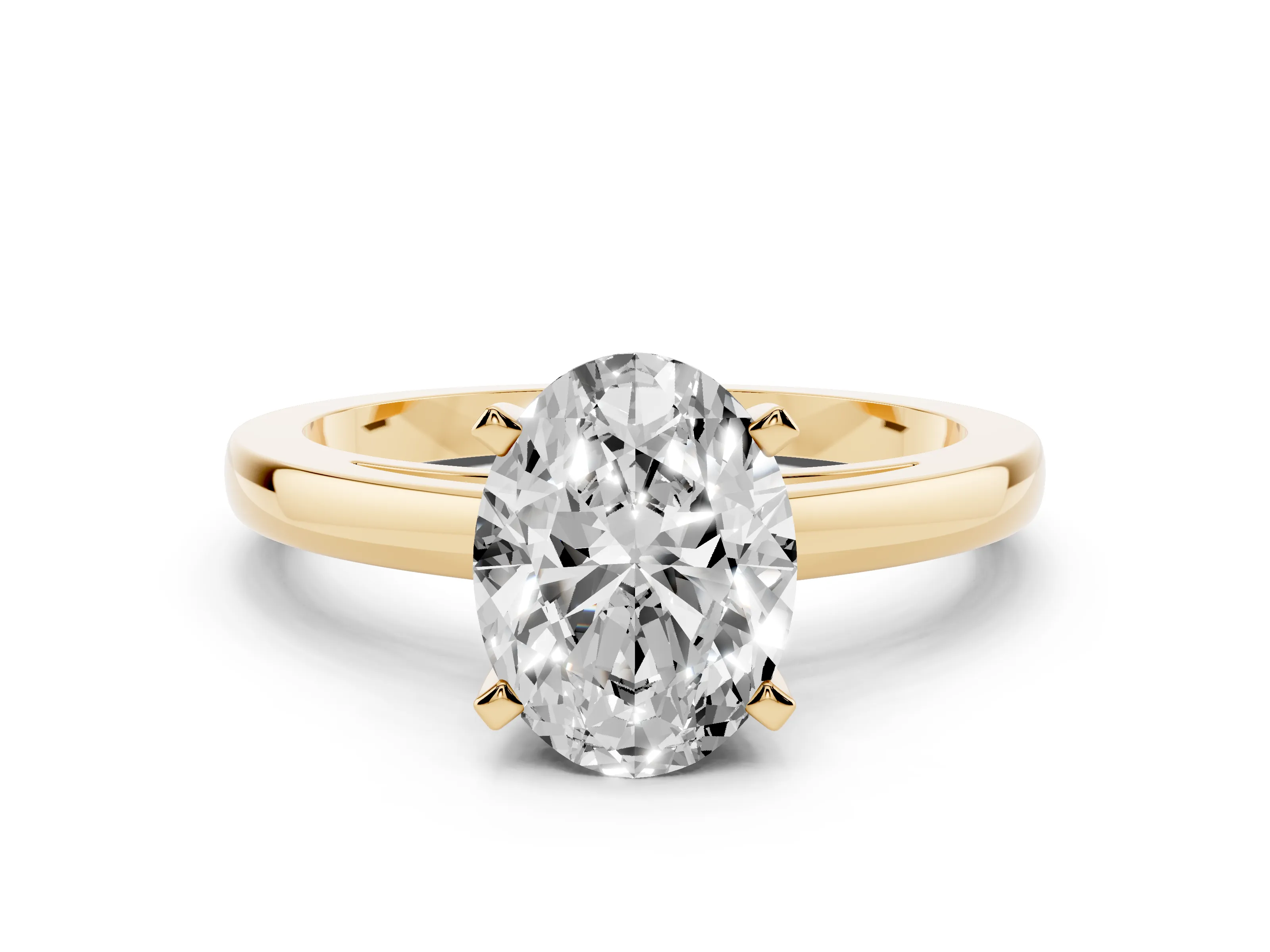 Oval Cut Diamond Solitaire Engagement Ring Set in Yellow gold with Prong Setting on a Classic Band