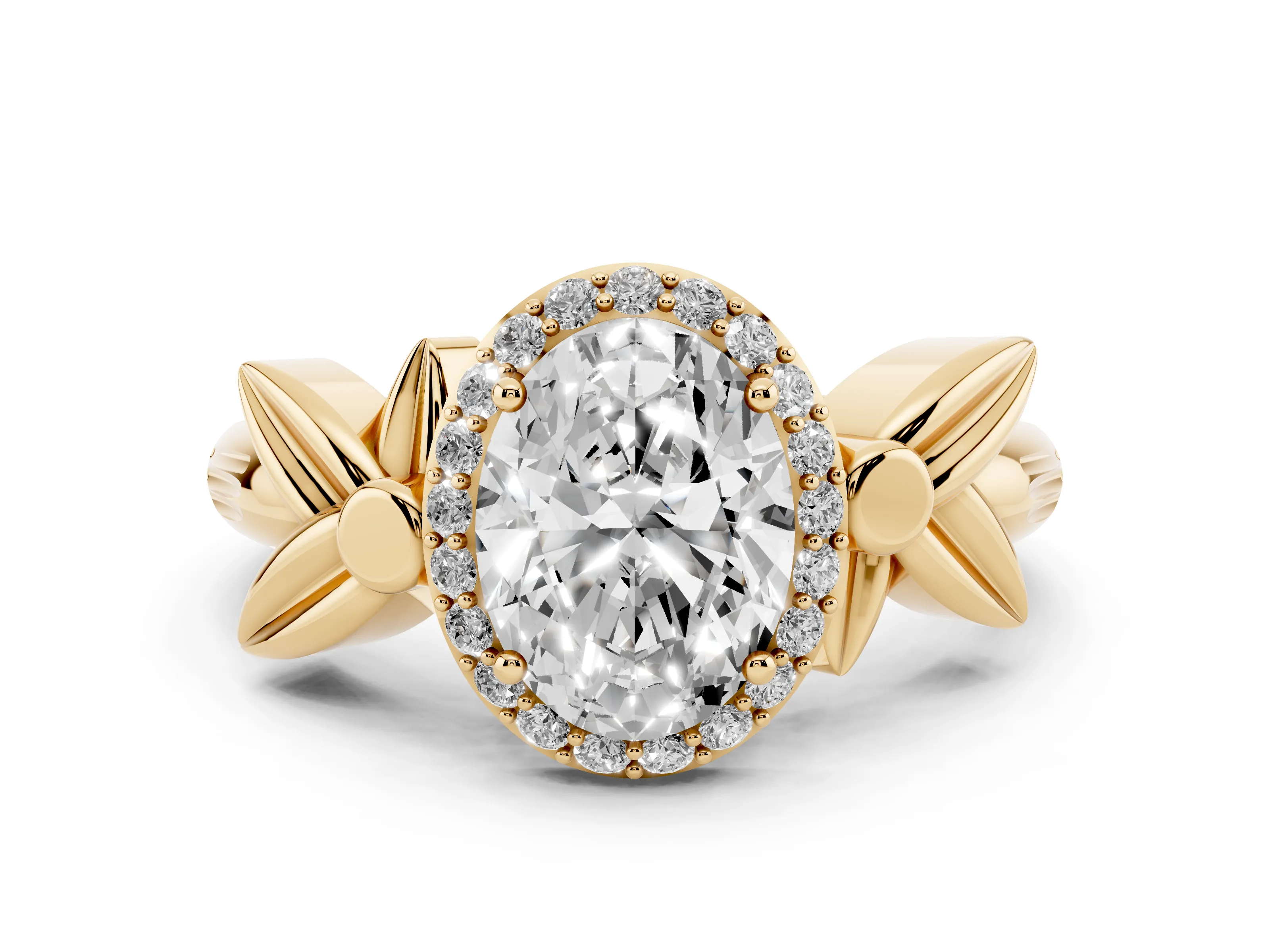 Oval Cut Diamond Halo Floral Band Ring Set in Yellow gold with Prong Setting