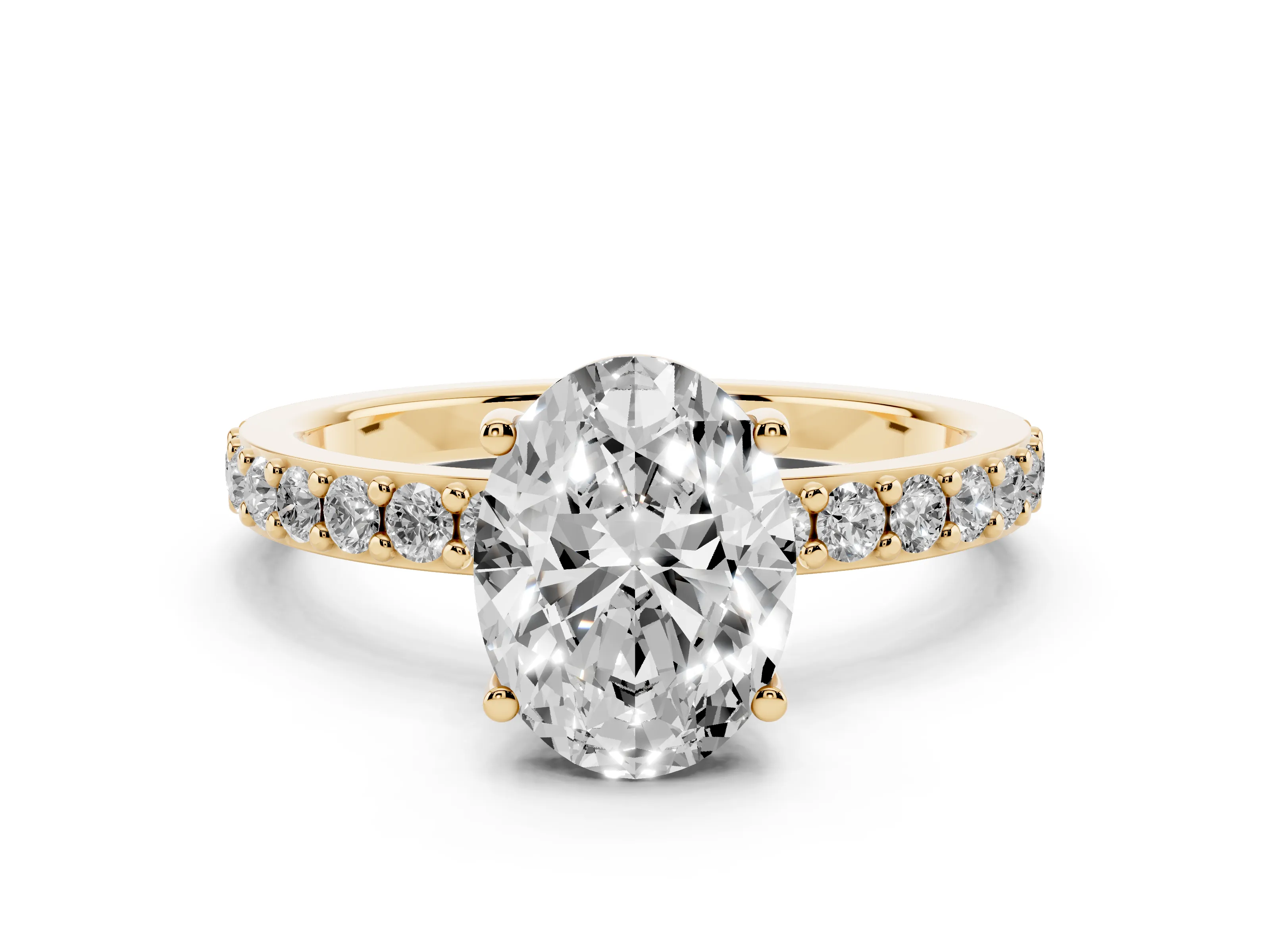 Oval Cut Diamond Solitaire Set in Yellow gold with Round Pavé Band and Prong Setting