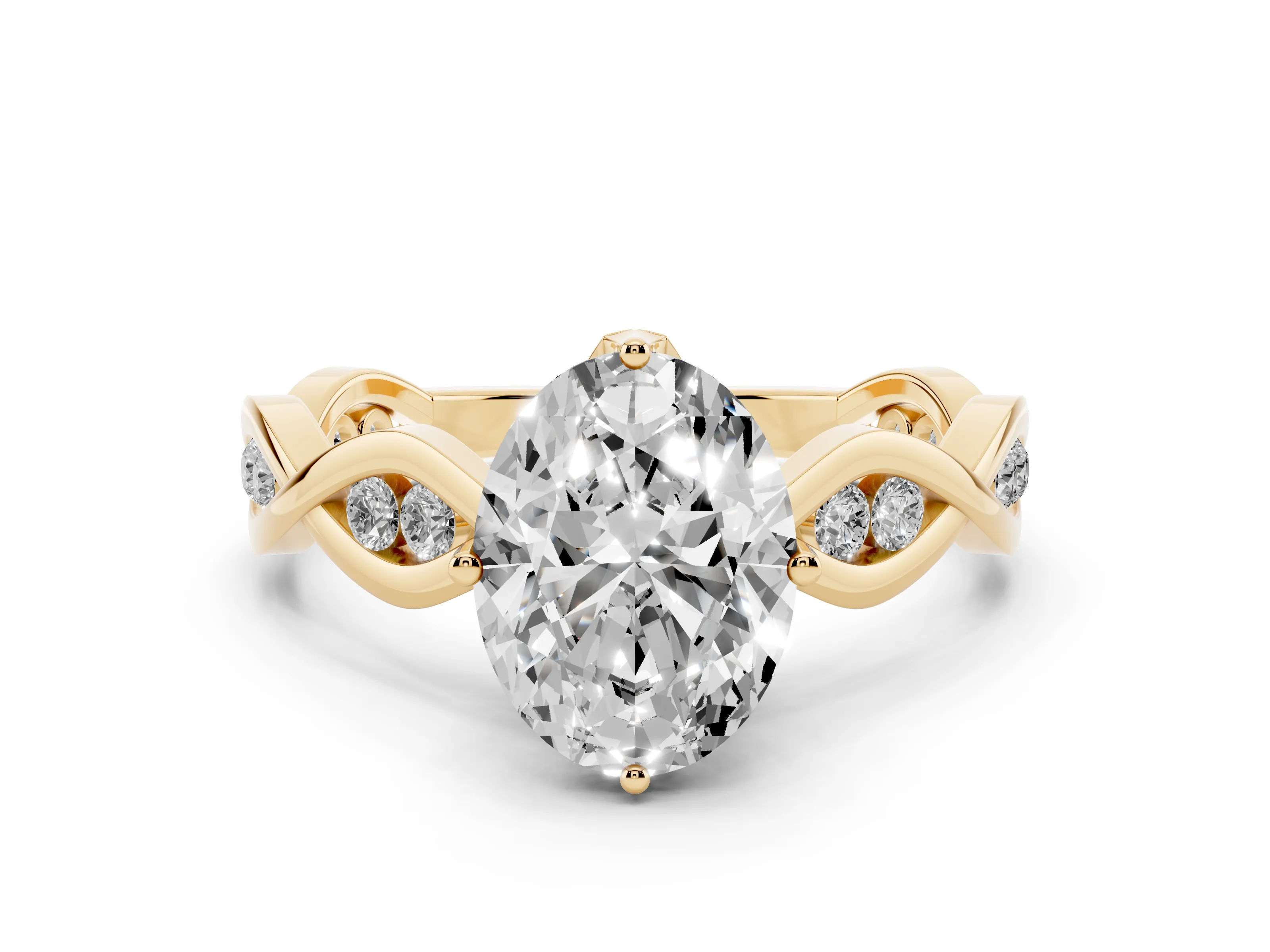Oval Cut Diamond Twist Band Solitaire Ring Set in Yellow gold with Leaf Prong Setting and Accent Stones